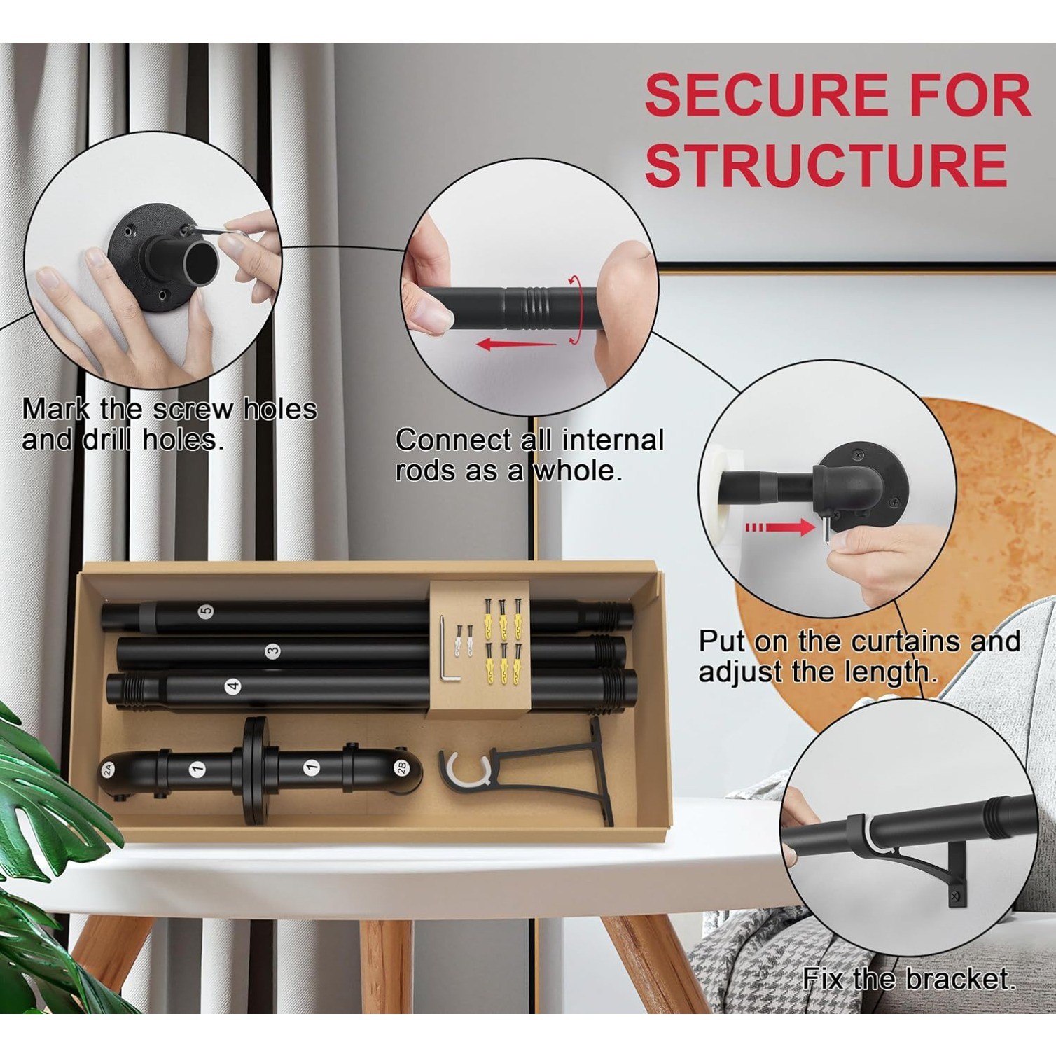 Curtain Rods for Windows 66 to 144, Blackout Adjustable Curtain Rod,1” Indoor