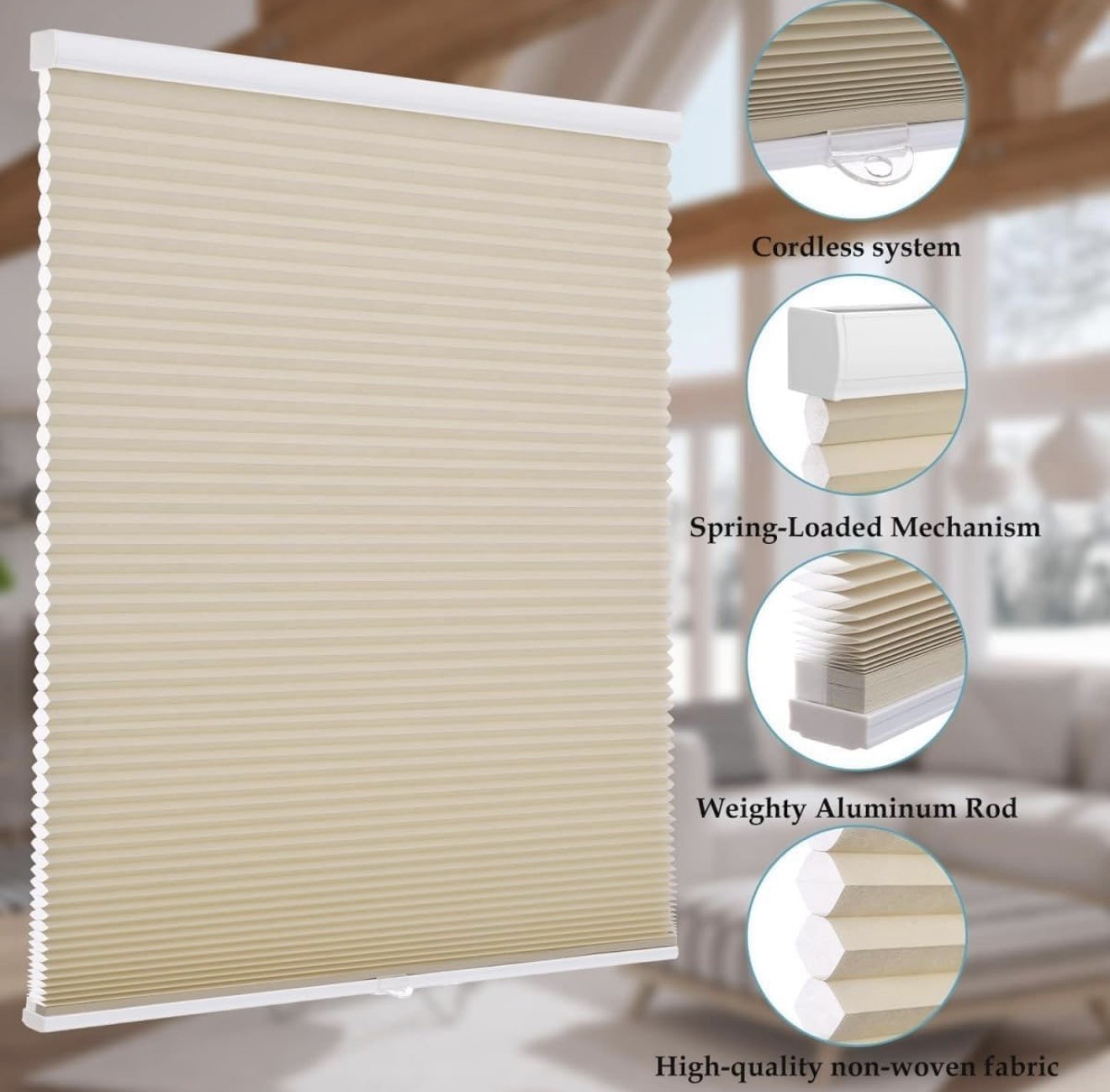 MYshade Cordless Blackout Cellular Shades, Window Blinds (35″ W X 64″ H, Beige)