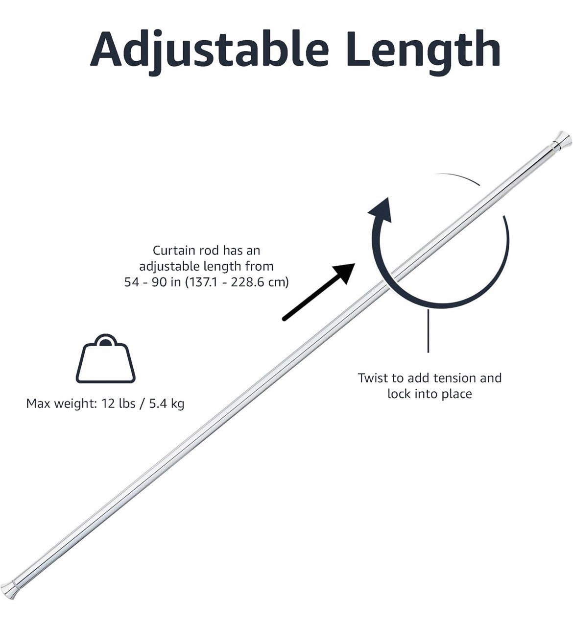 No Drill Spring Tension Curtain Rod, Adjustable 54-90″ Width, Chrome, Classic Fi