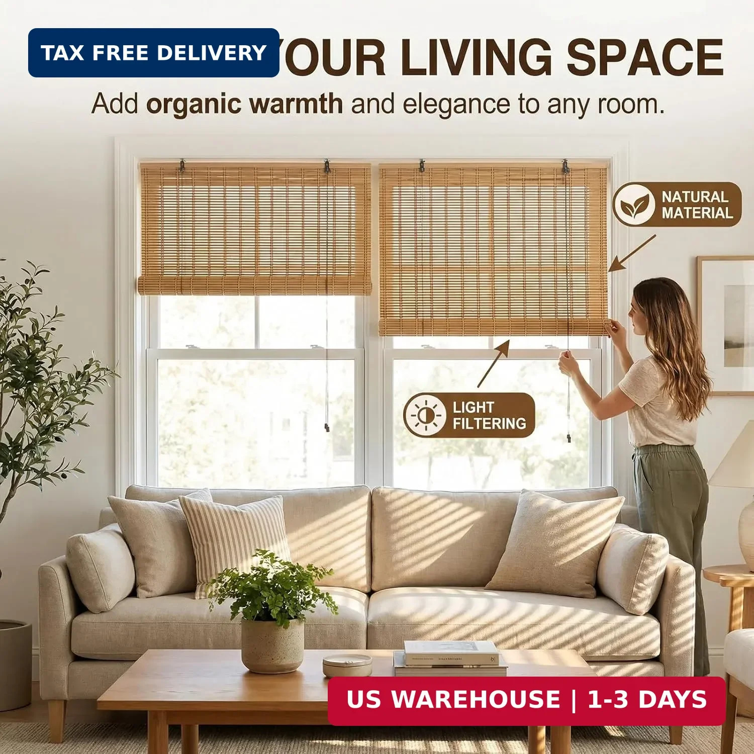HIAPES Bamboo Blinds for Interior Window, Bamboo Shades for Indoor Windows, Cust