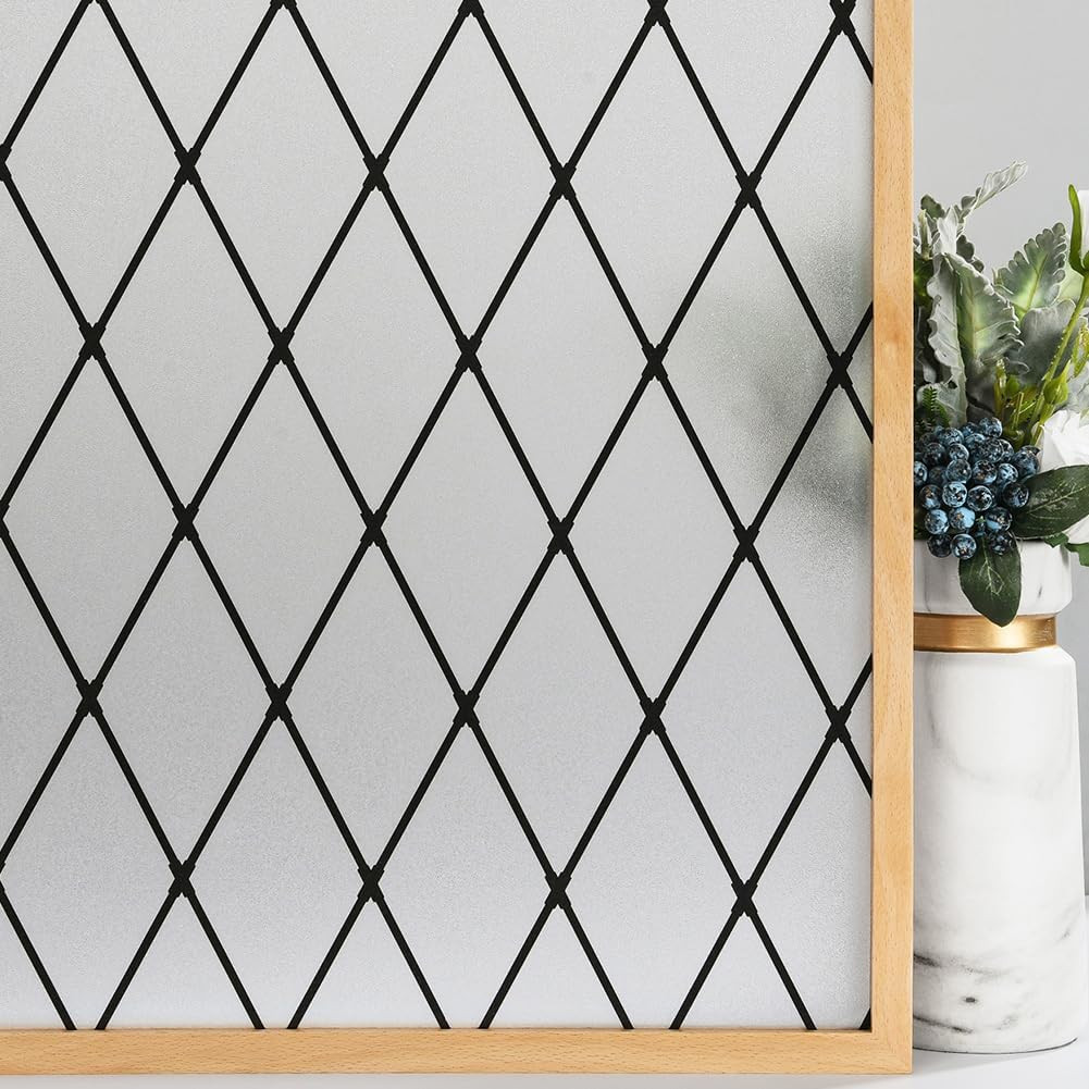 Frosted Black Lattice Window Film Static Cling Privacy Sun Blocking 17.7×78.7