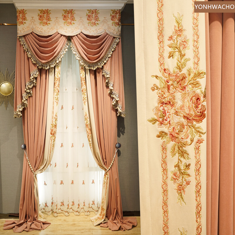 flannel thick pink embroidered velvet cloth blackout curtain valance panel C607