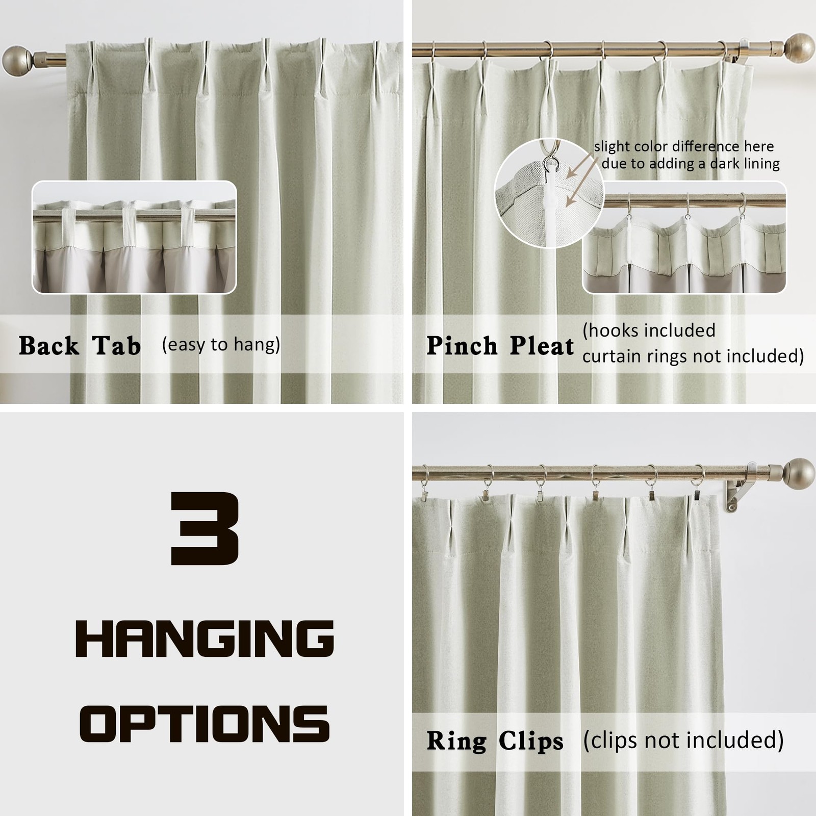 Natural Blackout Pinch Pleat Curtains 120 Inches Long 10ft Length, Back Tab P…