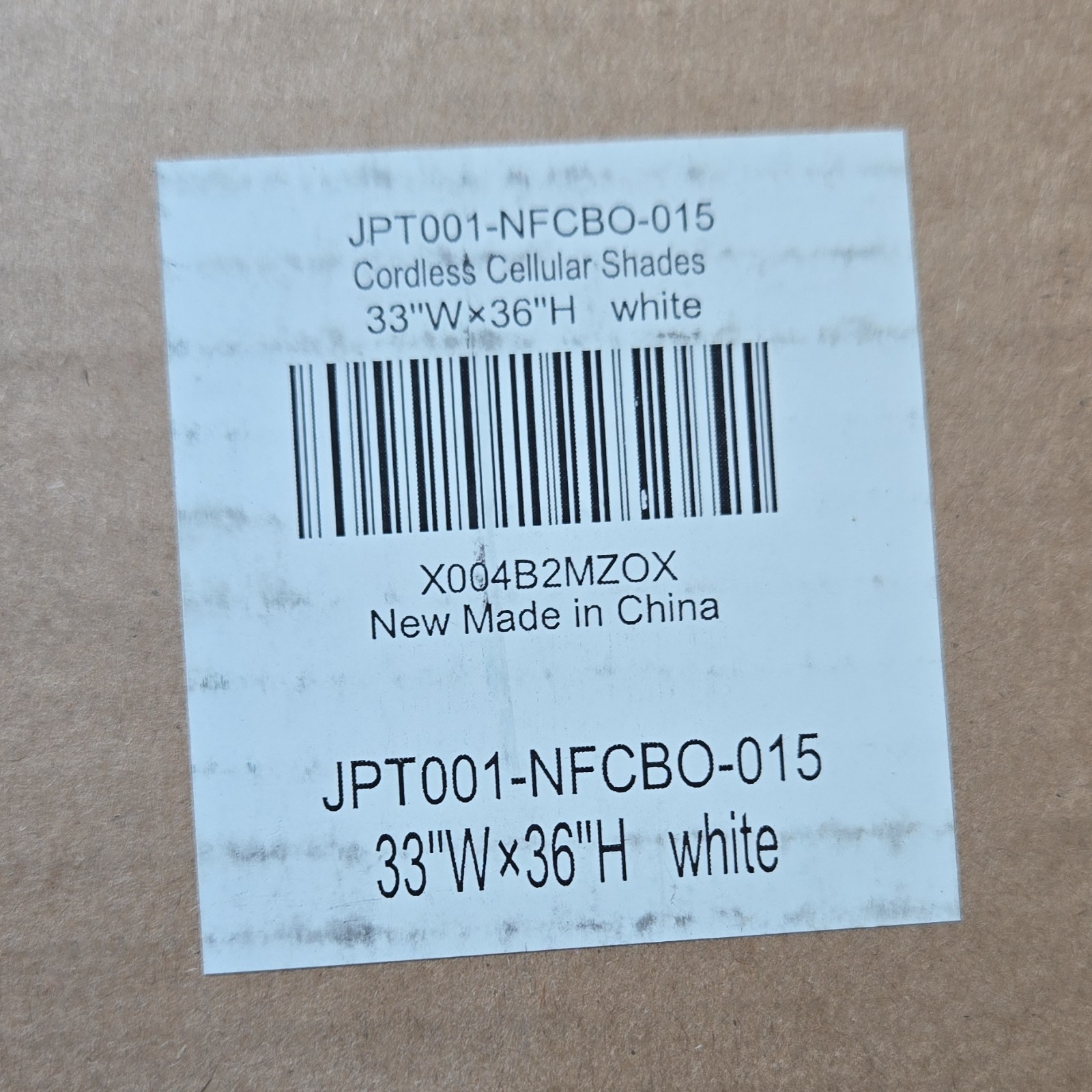 Cordless Cellular Shades White Plastic 33 x 36 in JPT001-NFCBO-015