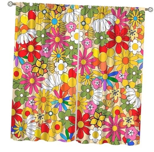 Boho Floral Vintage 70s Window Curtains, 20.5″W x 45″L (Pack of 2) Style-6