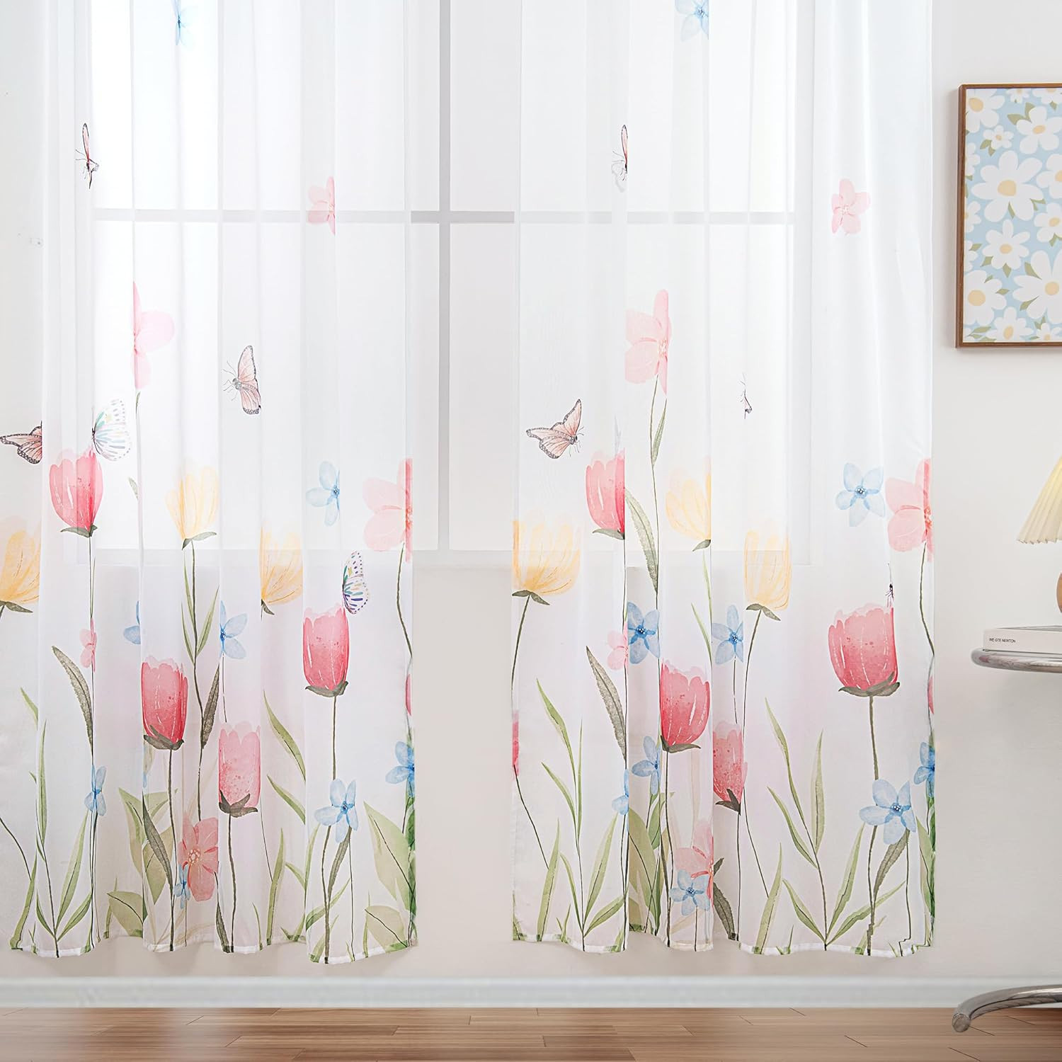 Floral Sheer Curtains 63 Inch Long 2 Panels Butterfly Flower Print Voile Drapes