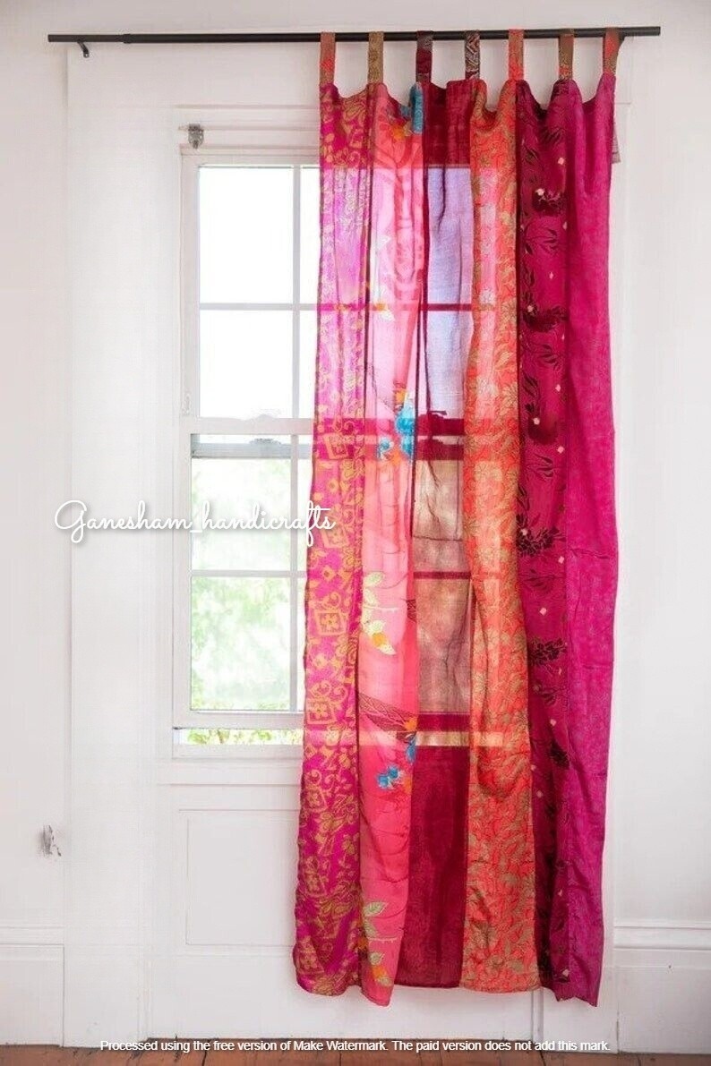 2 Pc Indian Sari Patchwork Curtain Drape Window Decor Pink Silk Sari Curtain