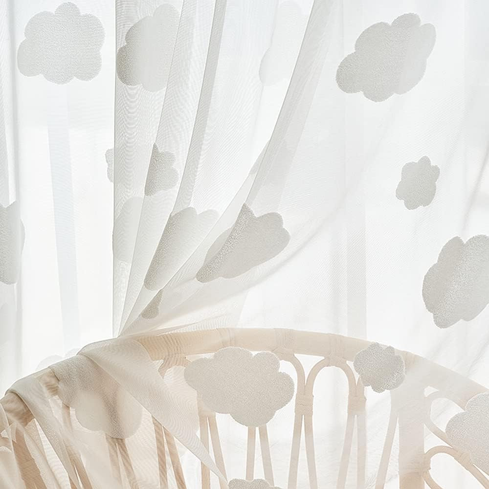 White Cloud Pattern Semi Sheer Curtains for Kids Bedroom | Light Filtering Rod P