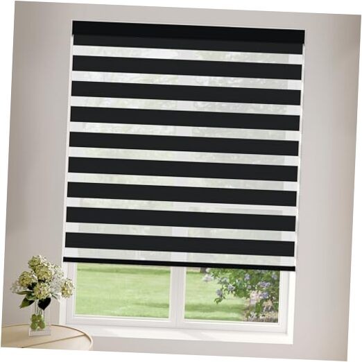 Cordless Zebra Blinds for Windows (32″ W X 72″ H) Free-Stop 32″W x 72″H Black