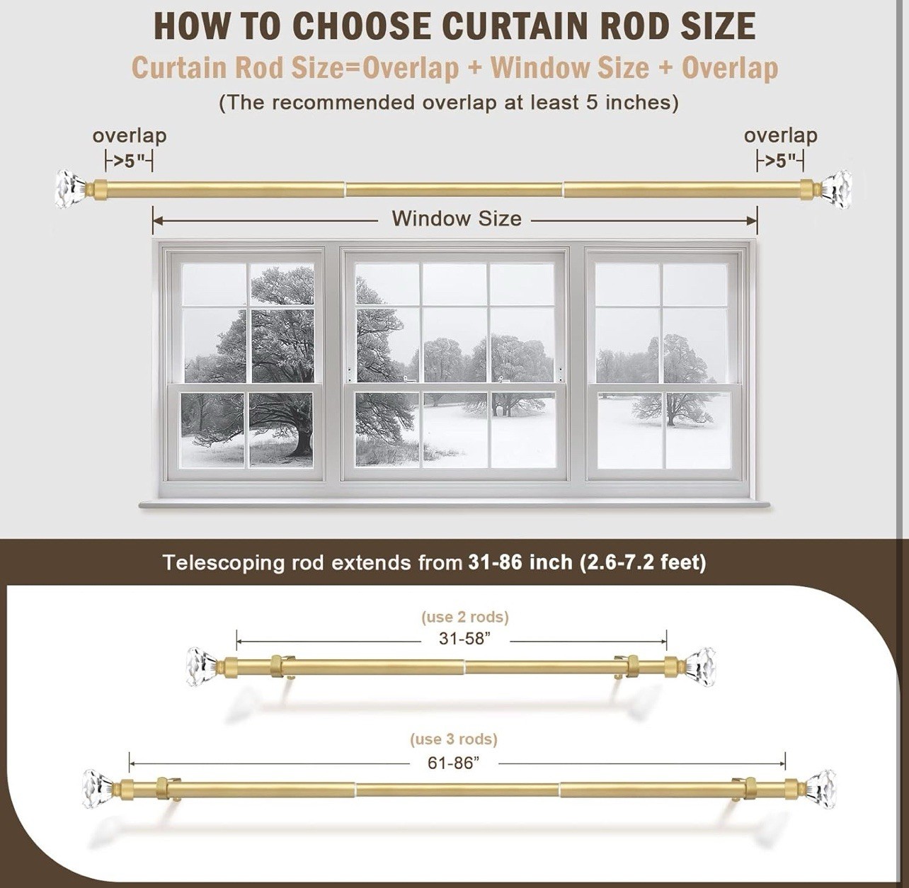 2 Pack Curtain Rods for Windows 48 to 84 Inch, Decorative 36-88 2 PACK Gold
