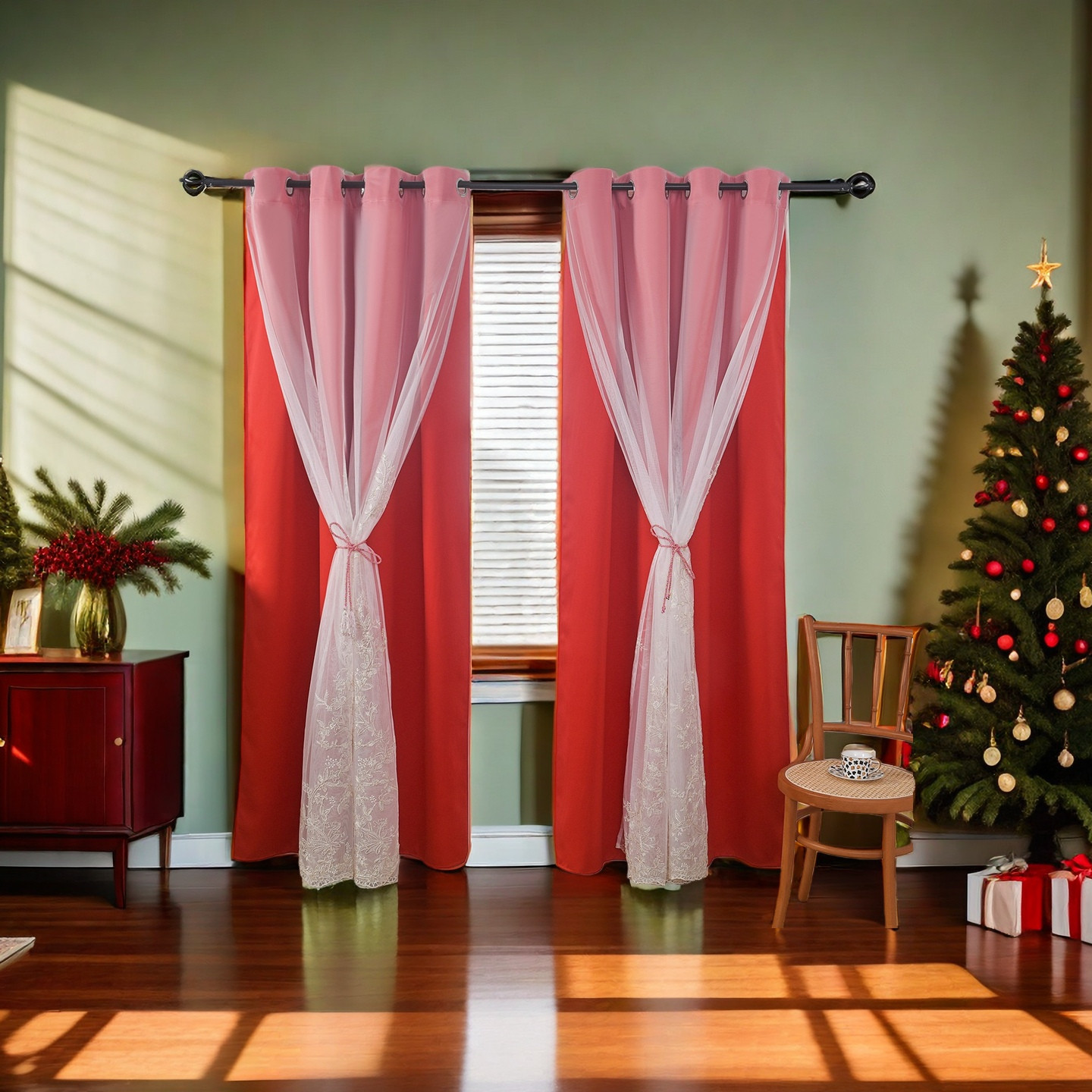 Red Double Layer Curtains 52x72inch, Embroidered Sheer Overlay Soild Curtains