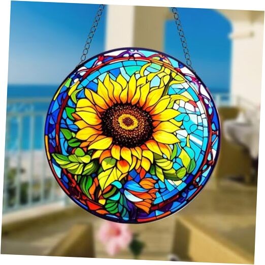 Sunflower Stained Glass Window Hanging, Round Yellow Floral Design for