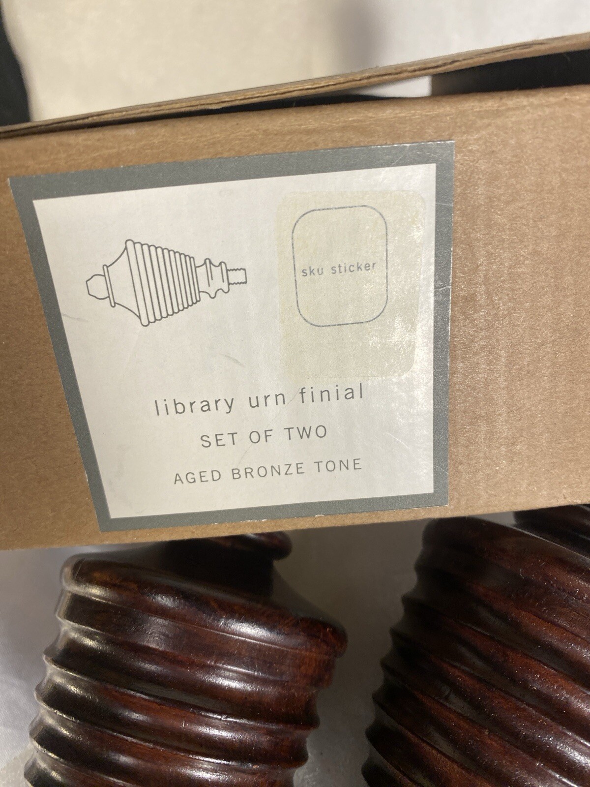 POTTERY BARN Library Urn Finials Aged Bronze Wooden Mahogany INDIA NIB-RARE