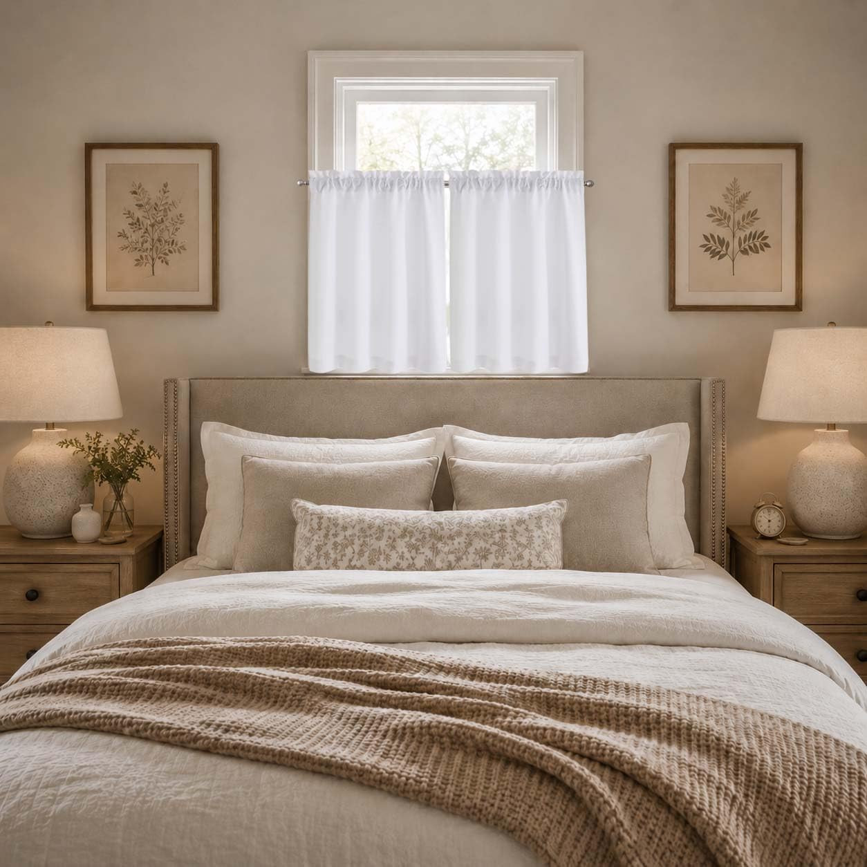 2 Panels White Kitchen Curtains 36 Inch Length Tier Curtain, Faux Linen Textured