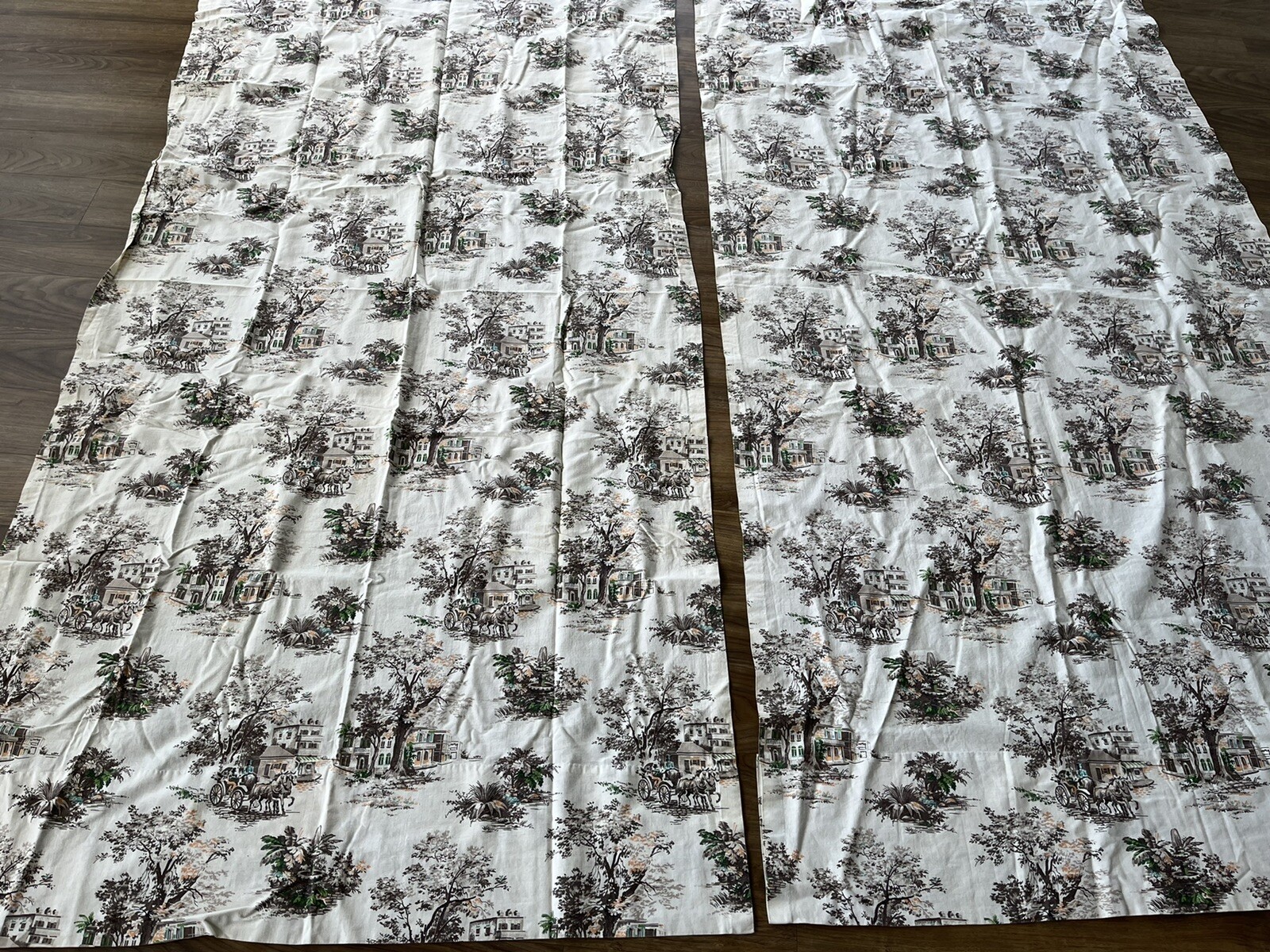 Vintage Toile Drapery Curtains Cottage Decor Horse Buggy Victorian A50