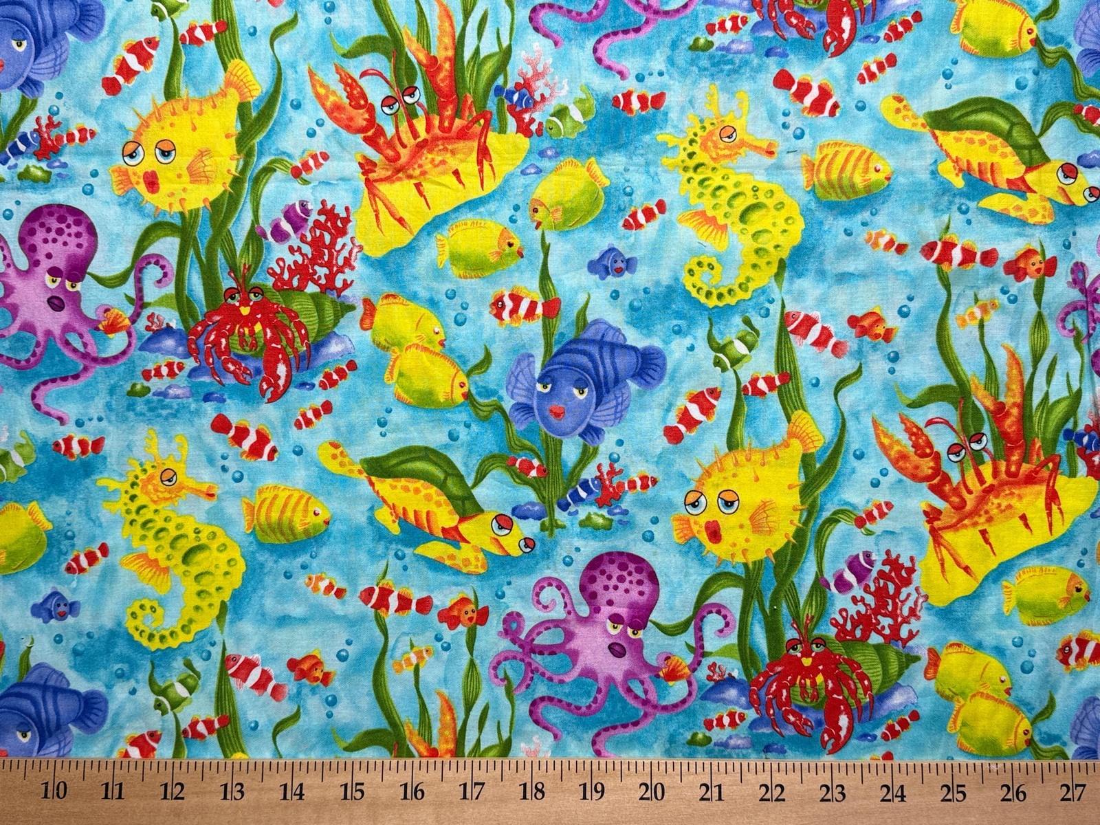 Cartoon Tropical Ocean Fish Valance Octopus Lobster Aqua Blue Coastal Curtain