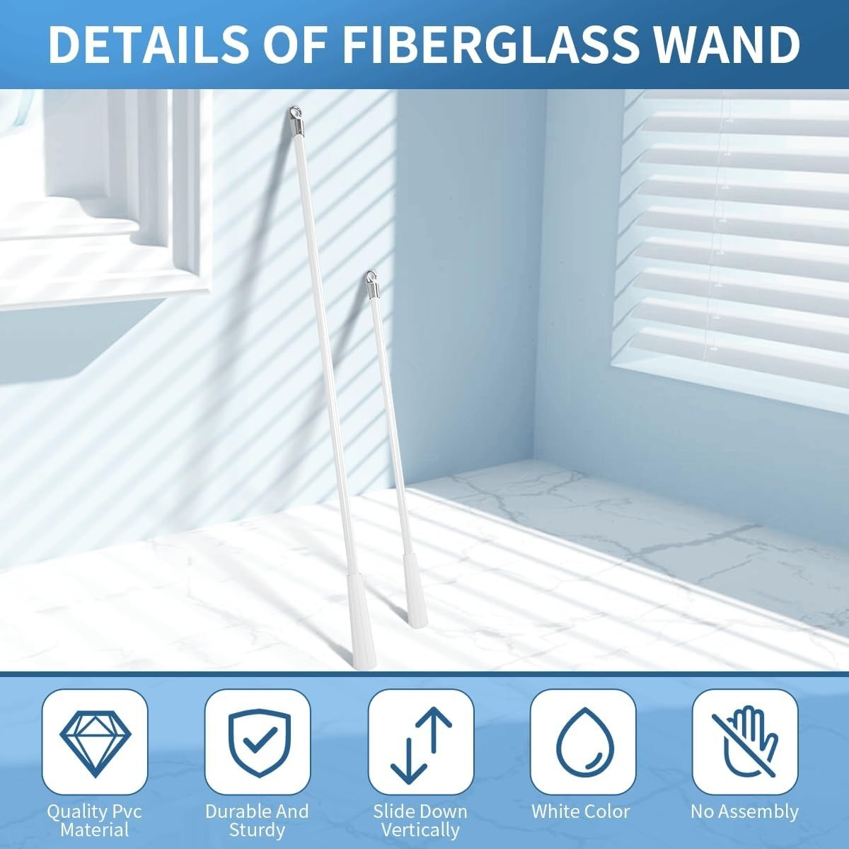 2 Pack 17 Inch Blind Wand Vertical Blinds Replacement Hook Grip White Fiberglass