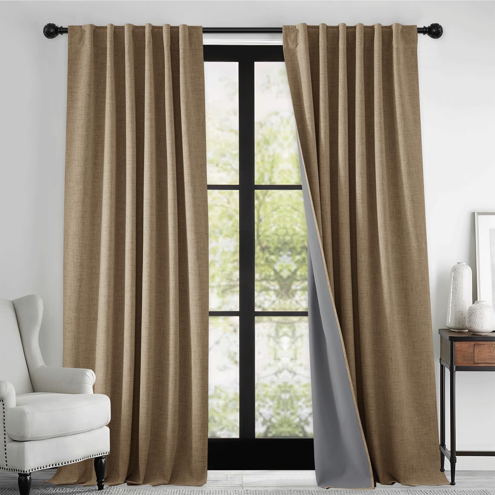 RYB HOME Linen Textured 100% Blackout 52″W x 96″L (Pack of 2), Burlap