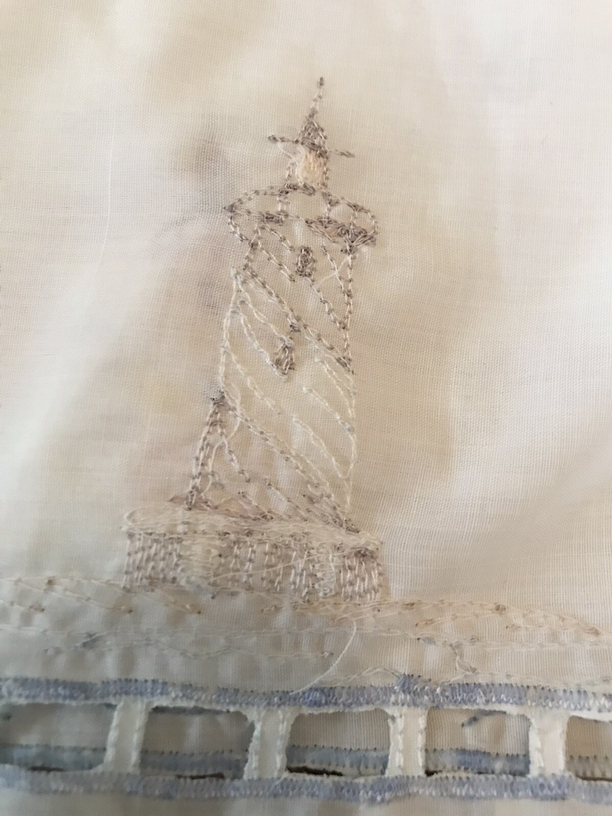 Lighthouse Nautical Valance white /blue embroidered 12”x 58” Seashore Scallop