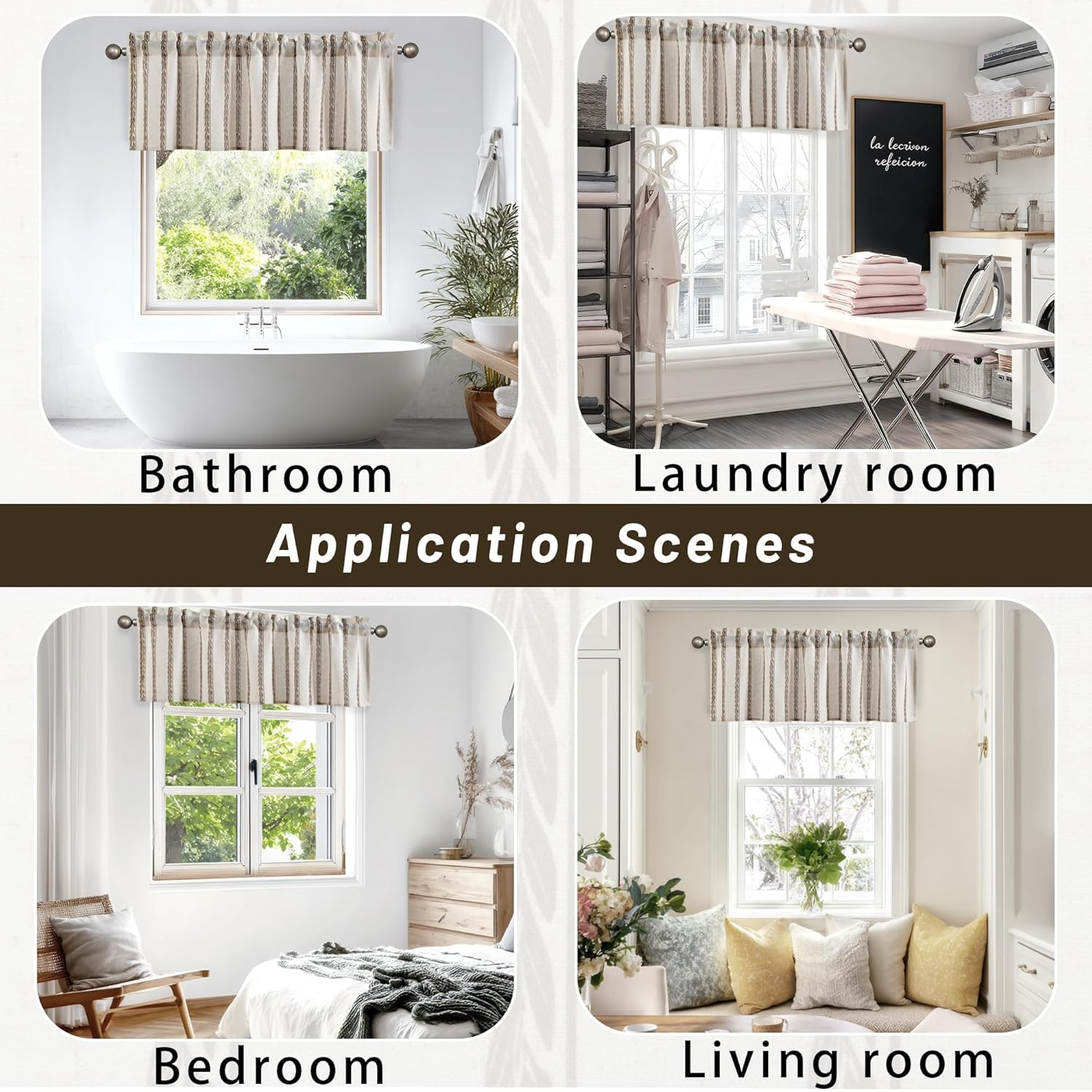 52X18 Inch Kitchen Valance – Thick Textured Linen Striped Window Valance Curtain