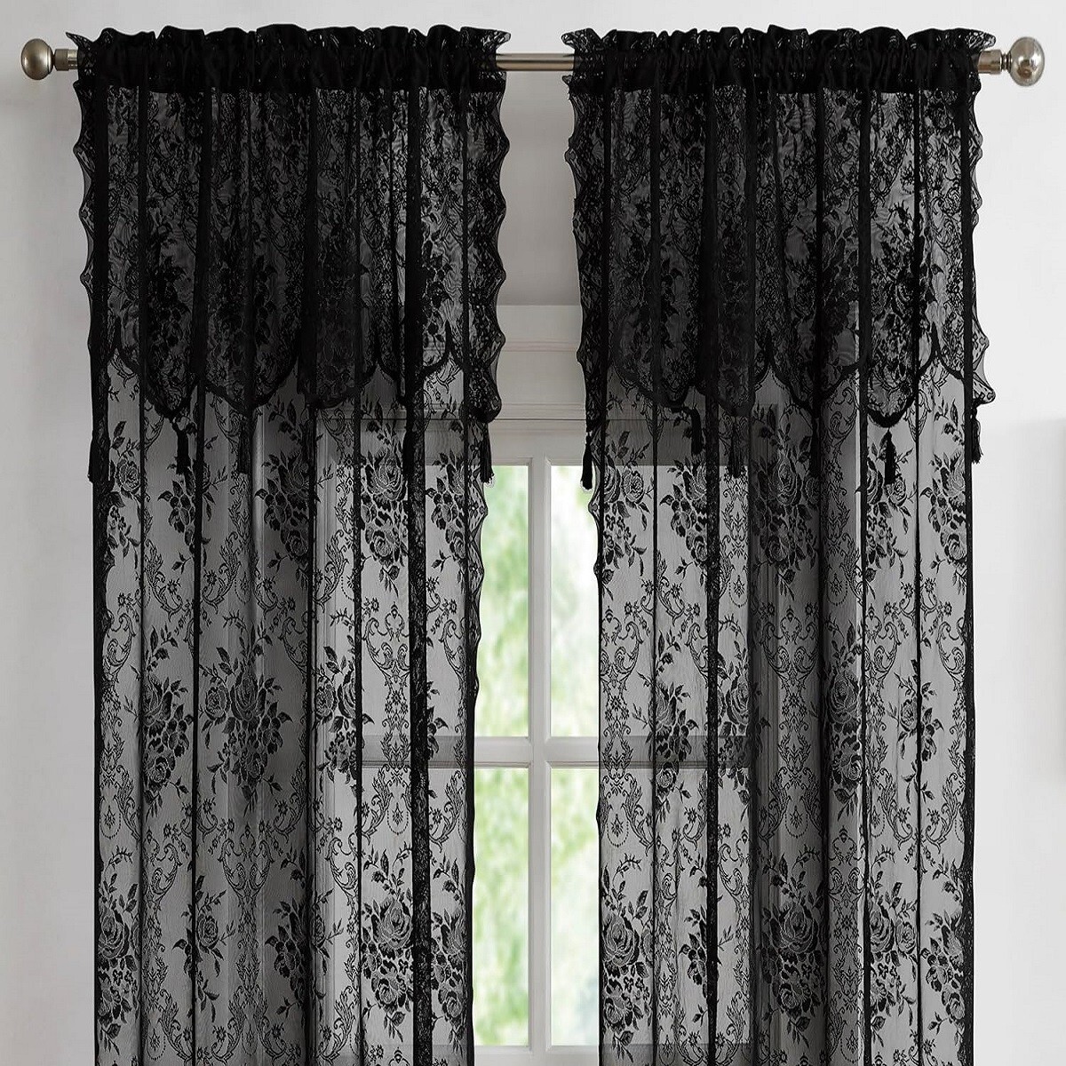 WARM HOME DESIGNS Pair of 2 Sheer Lace Curtains with Attached Valances & Tassels