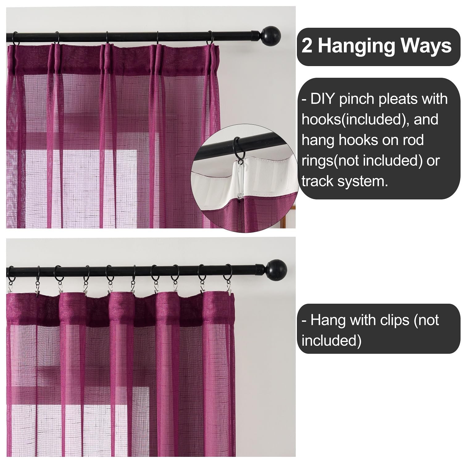 Ftinala Plum Purple Sheer 96 Inches Long Dark Linen Look Textured Light