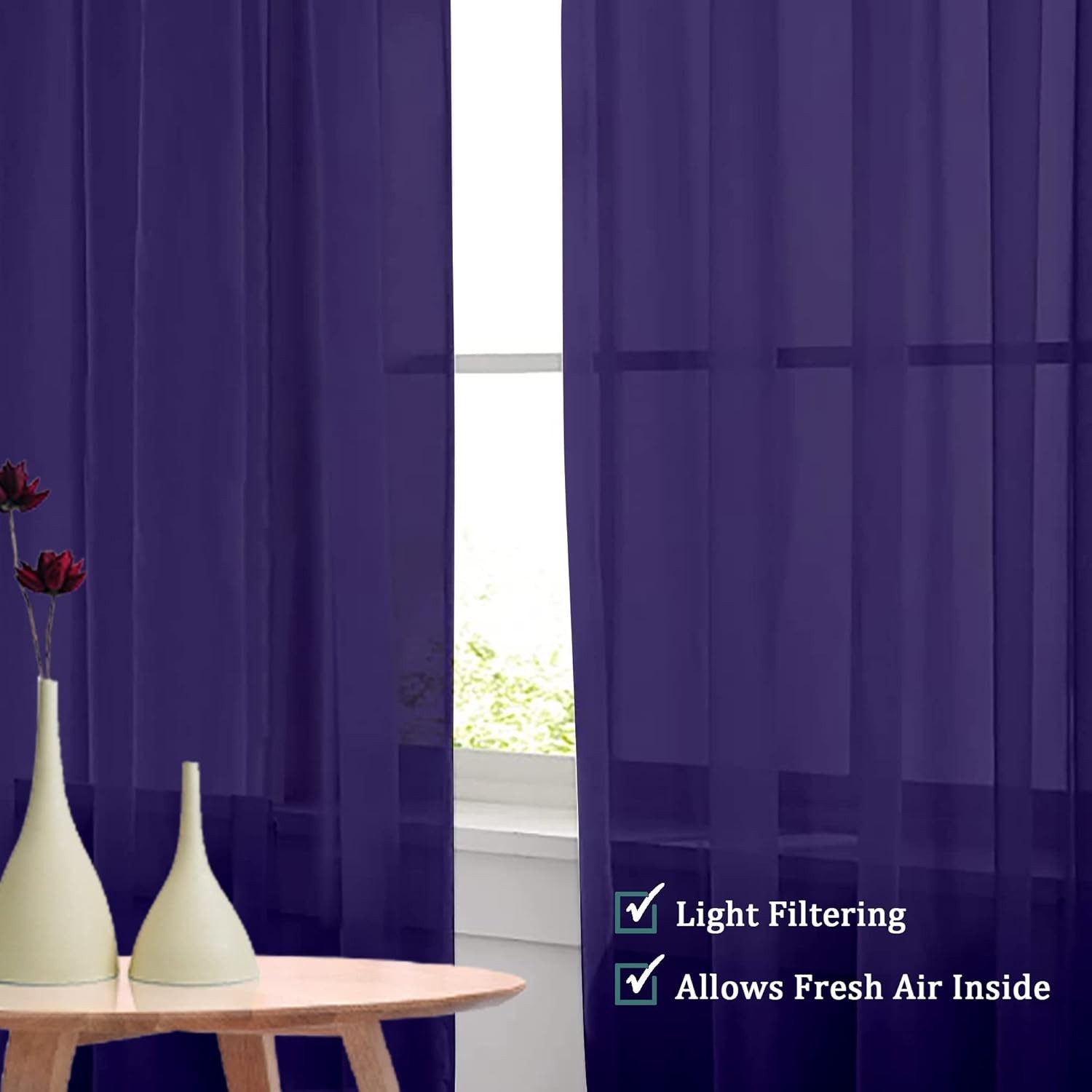 Elegant Purple Sheer Curtains 42×45 Inches – 2 Panels, Light Filtering Draperies