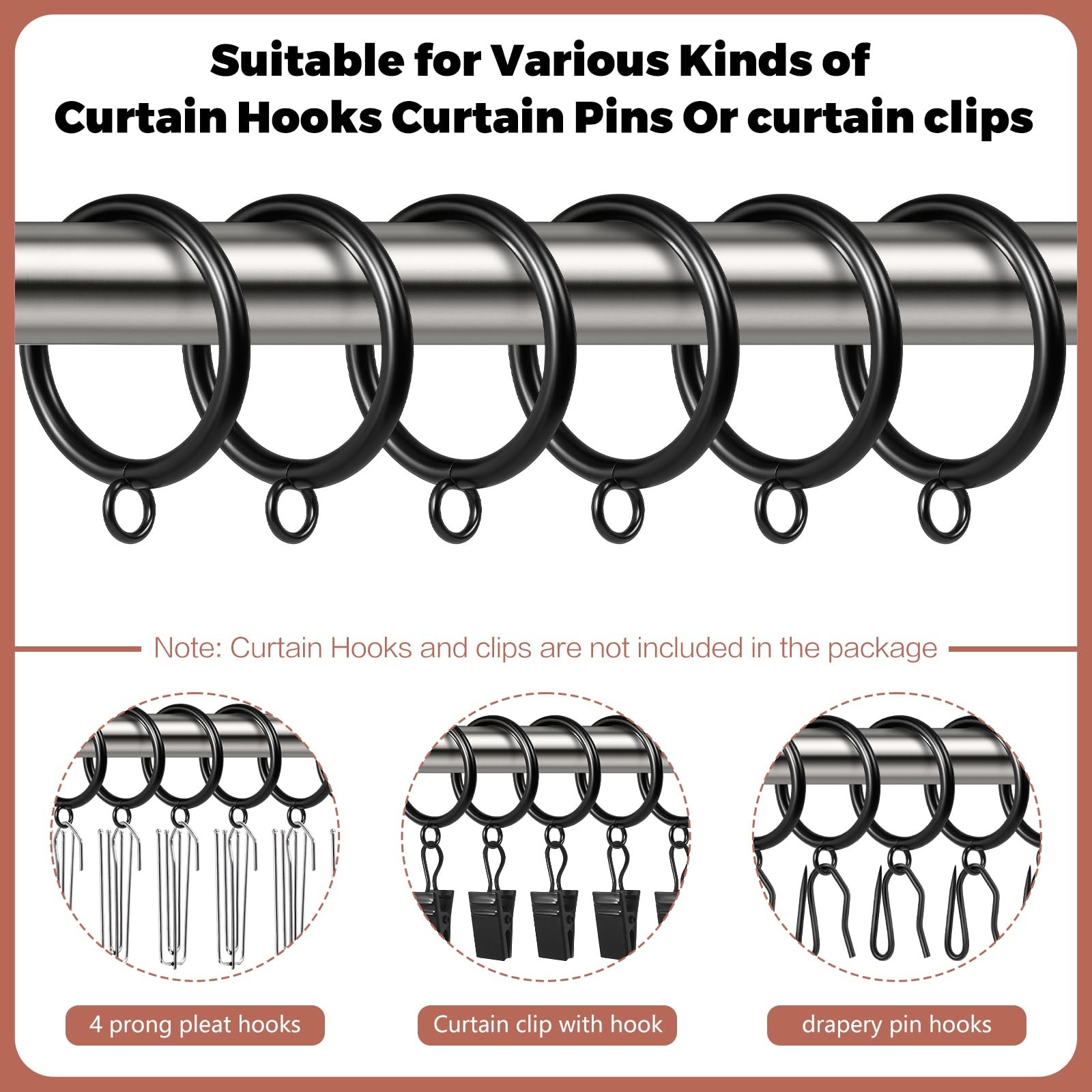 Curtain Rings with Eyelets,48 Pack Metal Black Curtain Rings for Pinch Pleat …