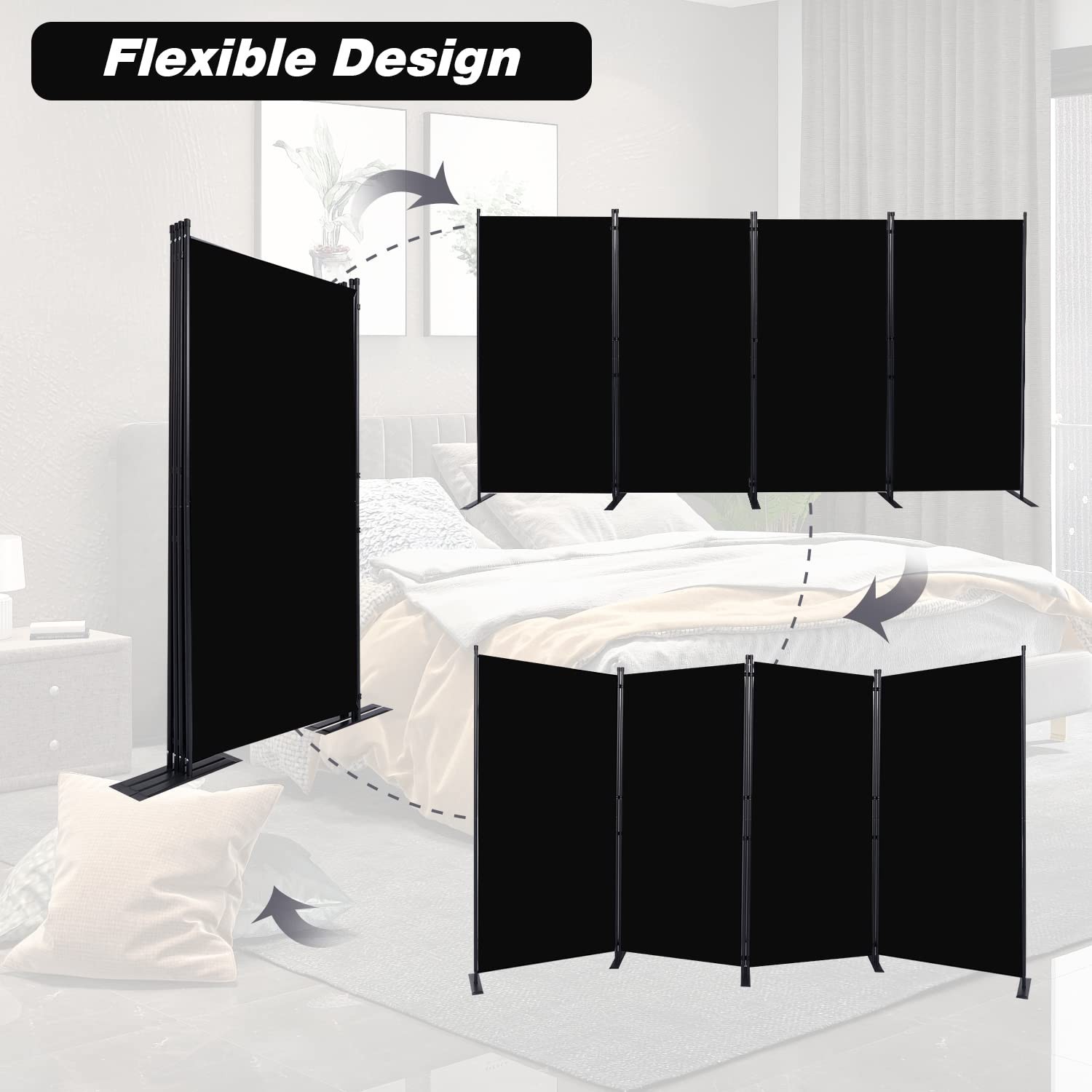 Room Divider, 4 Panel Folding Privacy Screens with Wider Feet, Black | 136″ W…