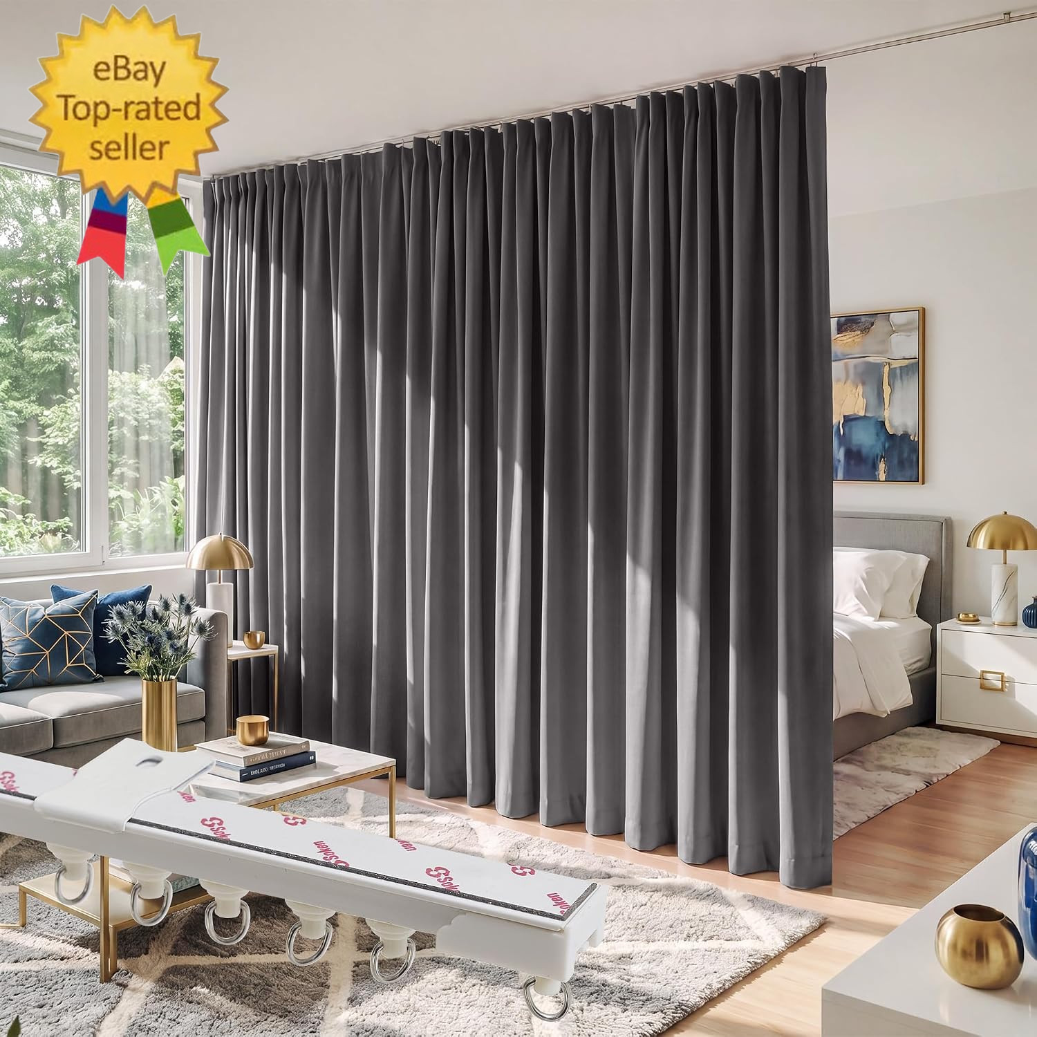 Room Divider Curtain Set with Ceiling Track, Privacy Blackout Thermal Insulated