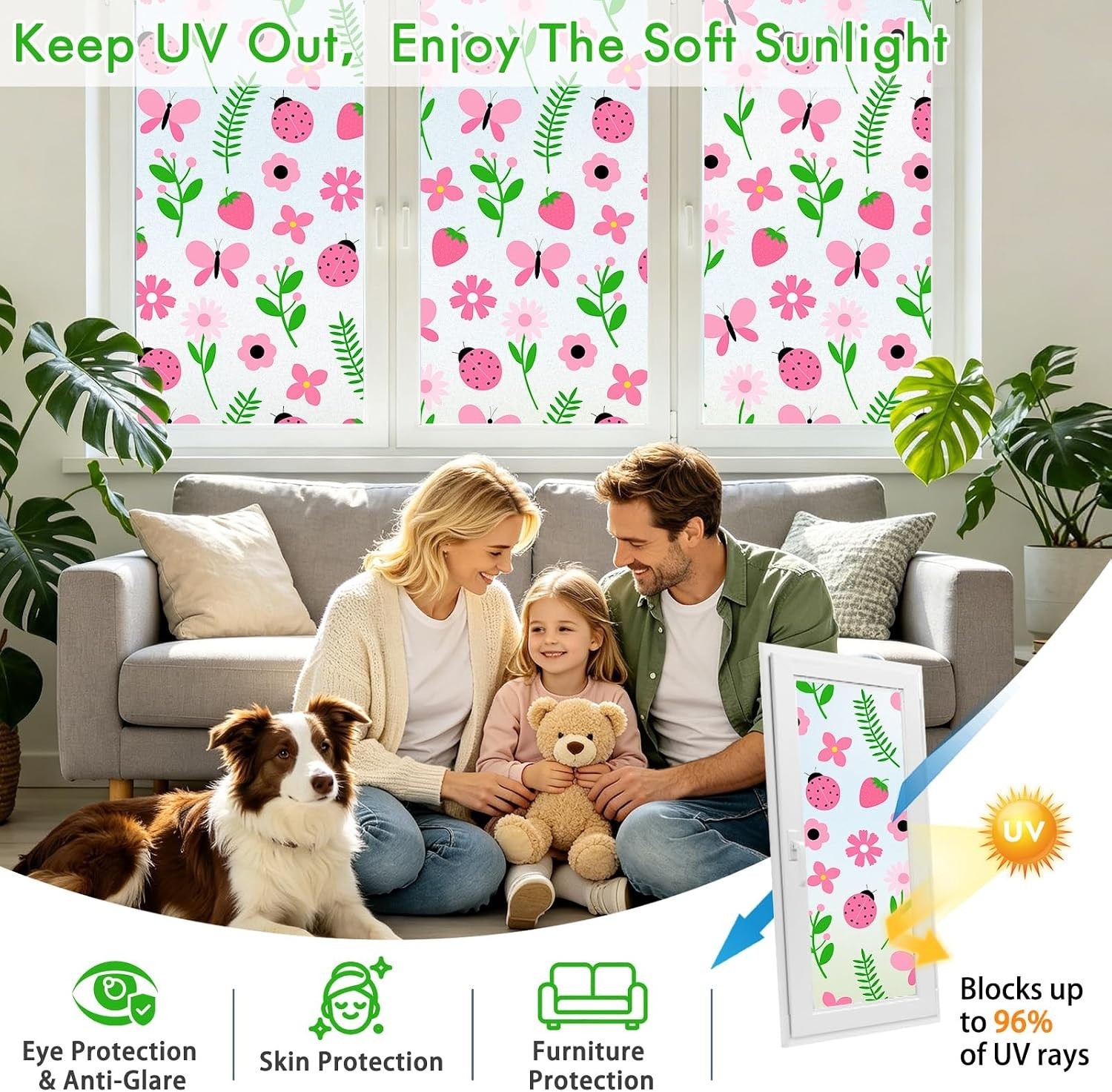 SOMWISE Frosted Window Privacy Film Pink Garden 23.5″x78.5″ Static Cling UV