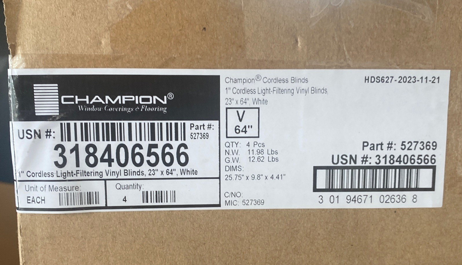 4 Pack Champion White Cordless Blinds with 1 in. Slats 23 in. W x 64 in. L