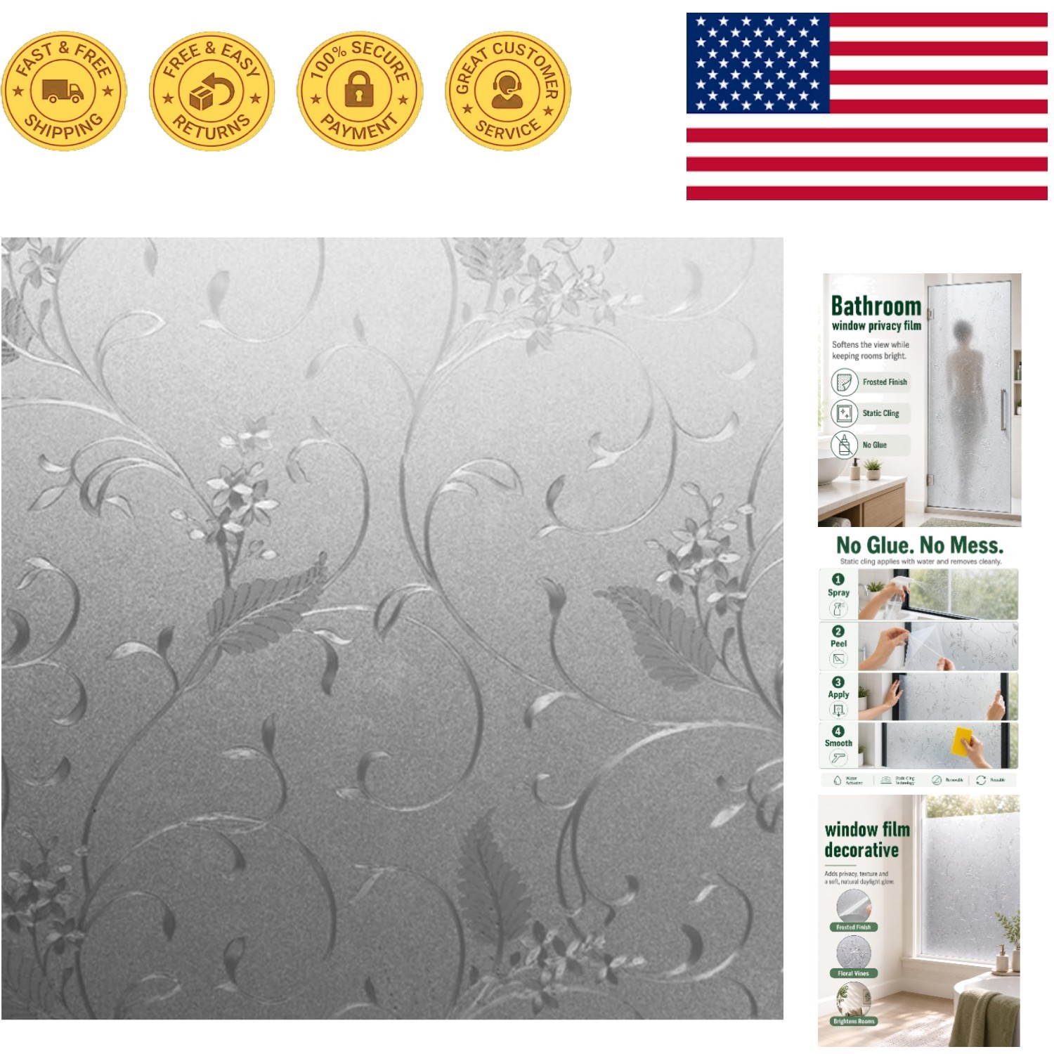 Privacy Window Film with Decorative Vine Pattern – 17.7” x 78.7” Static Cling