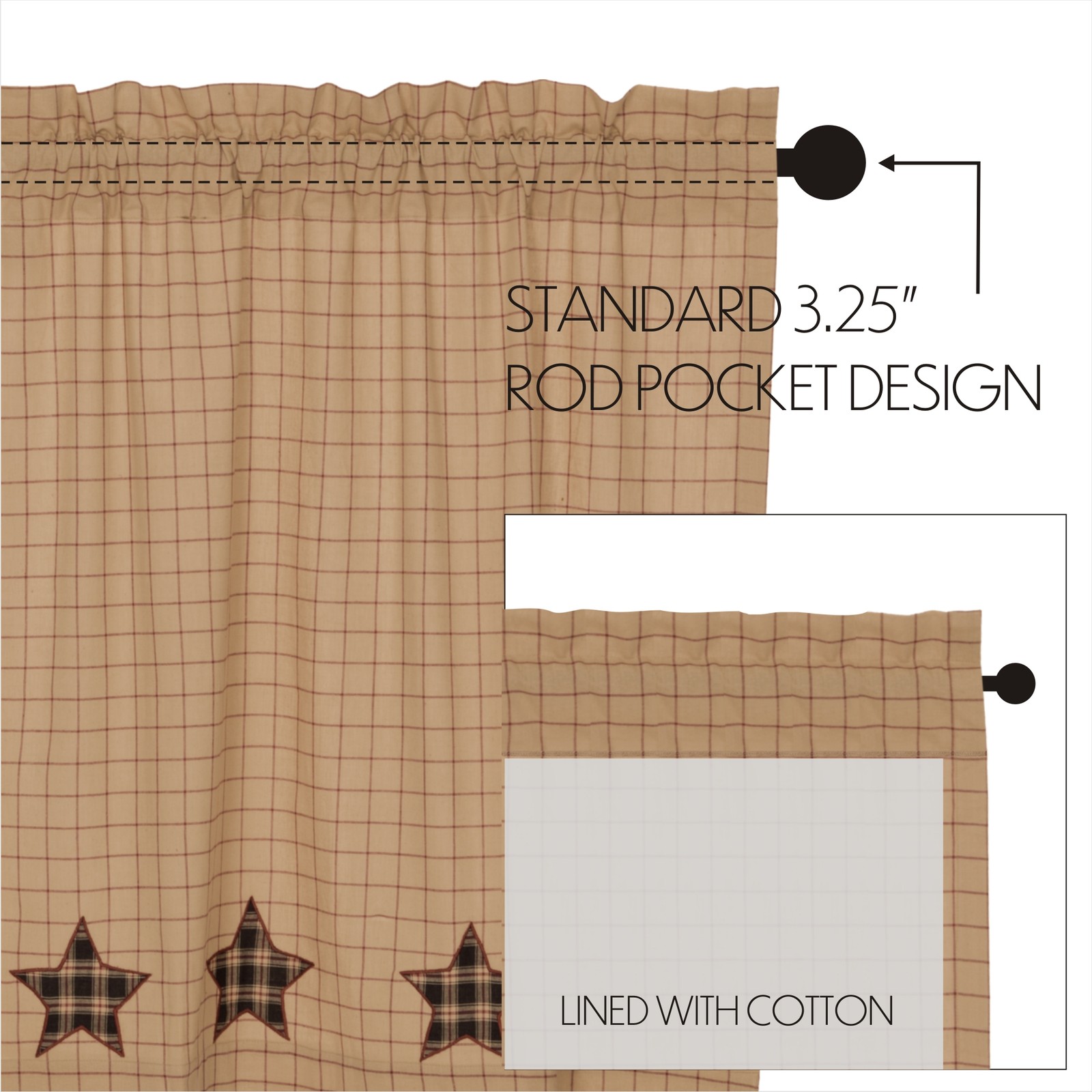 Primitive 24″x36″ Star Tier Pair Black Rod Kitchen Window Curtains VHC Brands