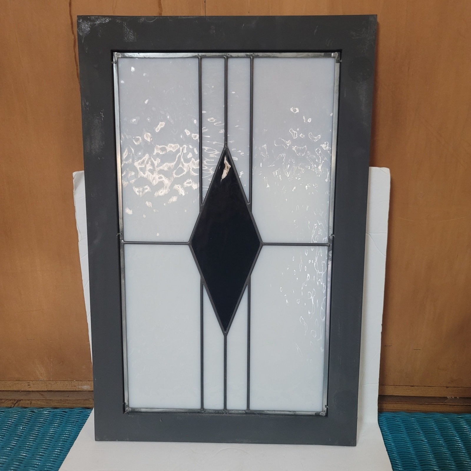 Stained glass Panel Geometric Art Deco gray black white Diamond Framed 26″ x 18″