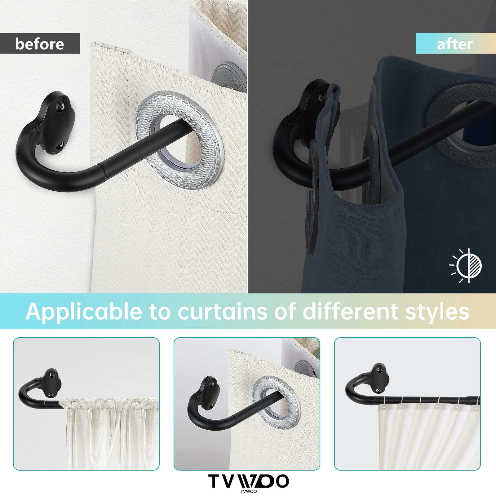 TVWOO Wrap Around Curtain Rods,Black 28-48″ ( 1pack ), Matte Black