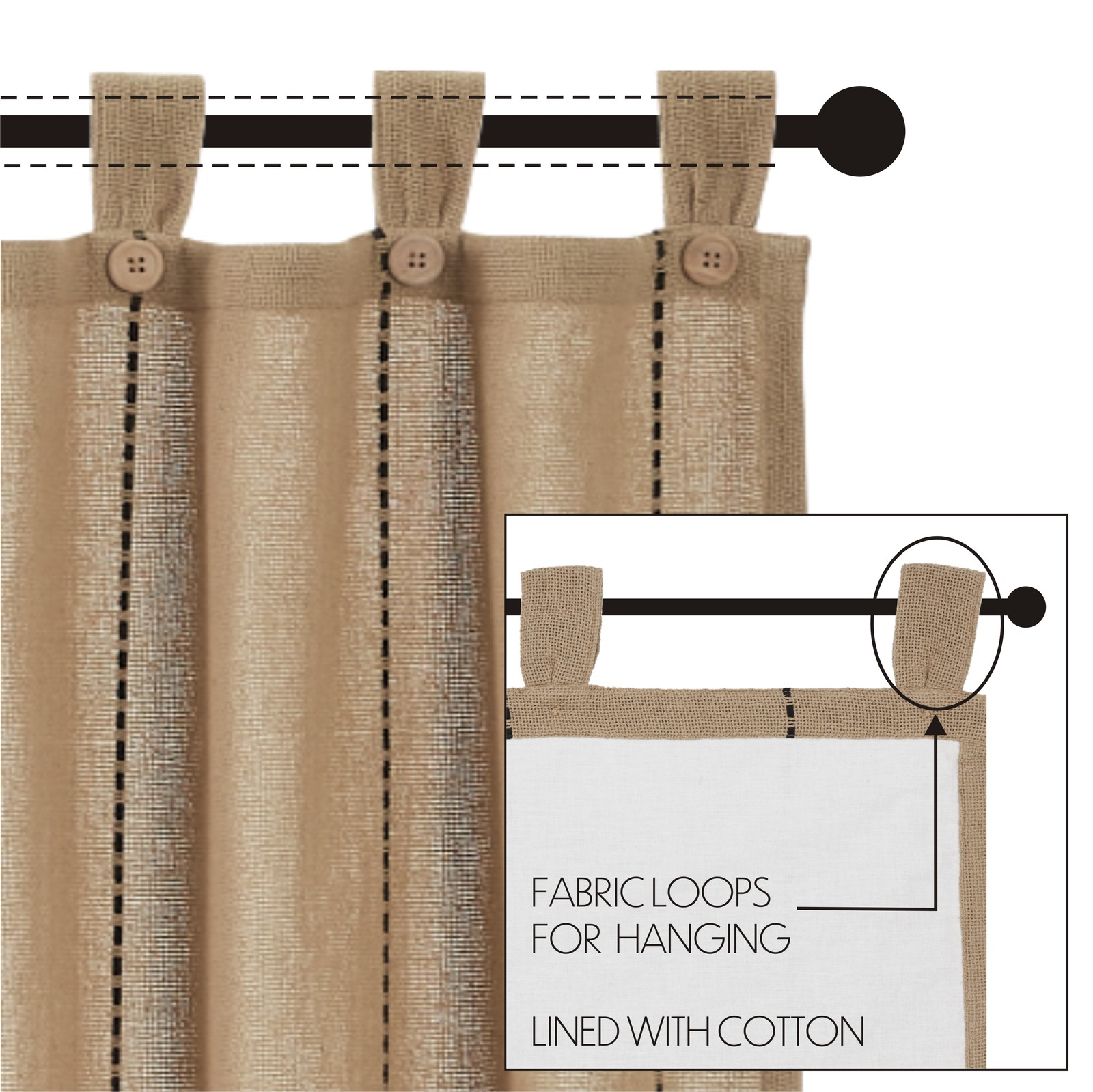 Farmhouse 24″x36″ Tier Pair Tan Tab Top Kitchen Window Curtains VHC Brands