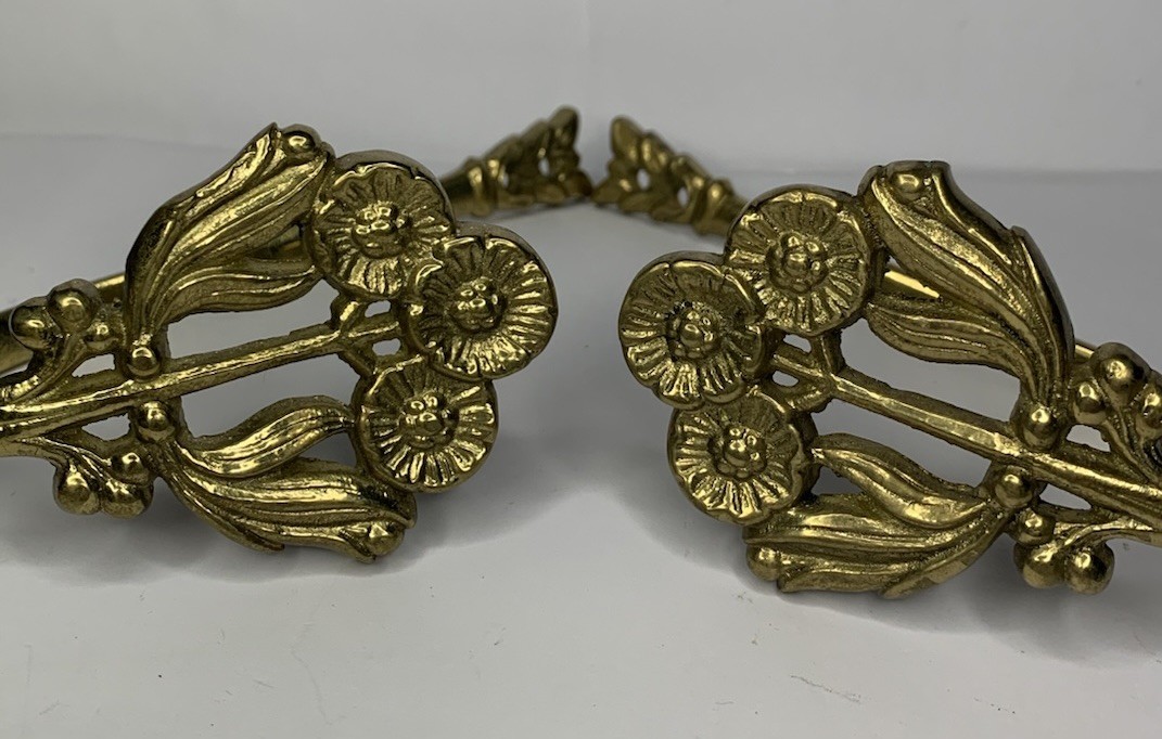 2 VTG Germany Cast Brass Floral Curtain Drapery Tiebacks Pole Holders Wall Hooks