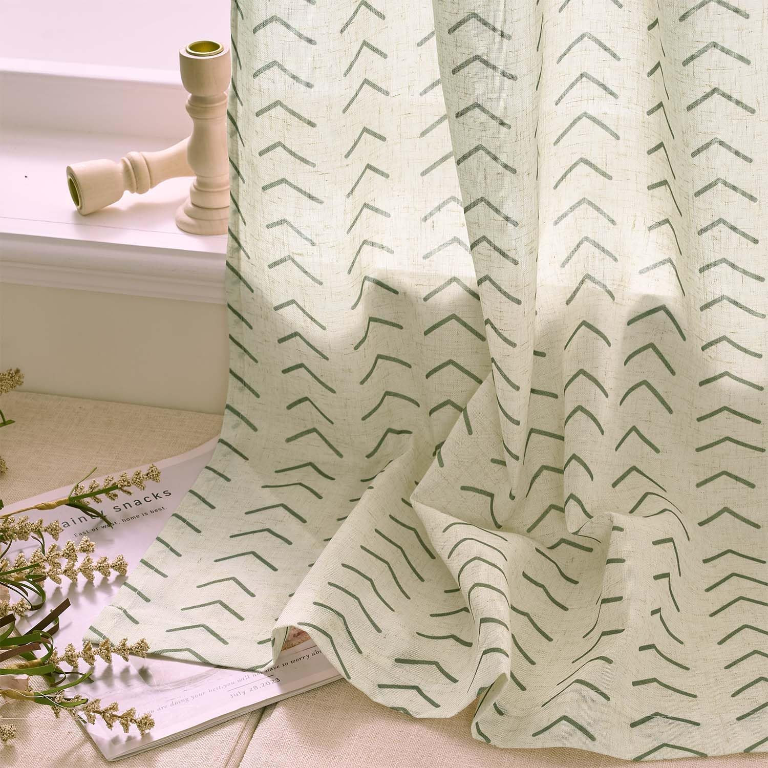 Boho Linen Blend Kitchen Curtains 24 Inch Length Herringbone Printed Tier Curtai