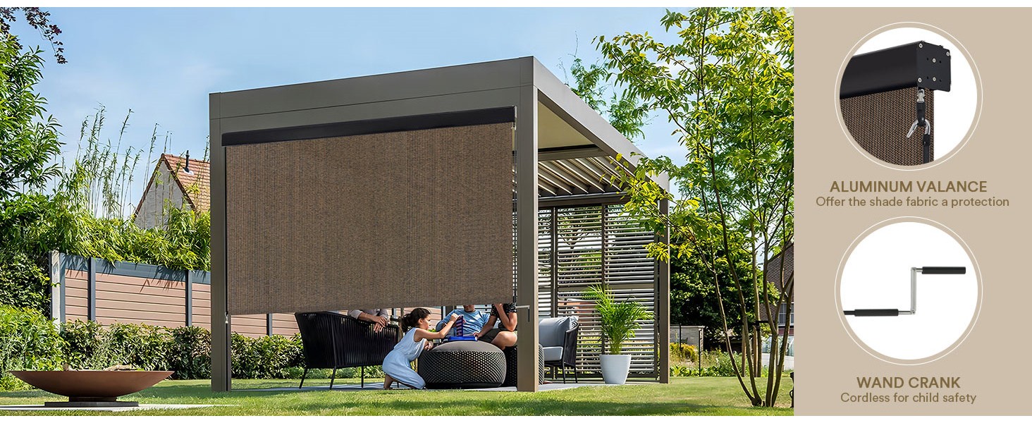 Outdoor Roller Shade 10′ W x 8′ H, Exterior Cordless Patio Shades Roll Up Blinds