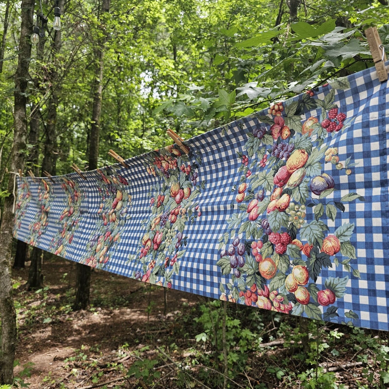 Vintage JCPenney Fruit & Blue Gingham Window Valance 90×14 Cottage Farmhouse