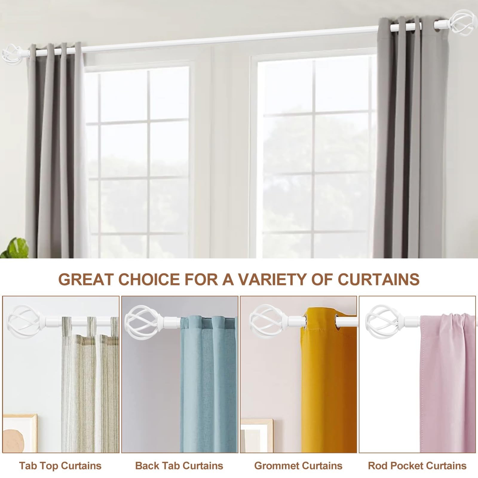 White Long Curtain Rod 72-144 inch, Decorative 66-144