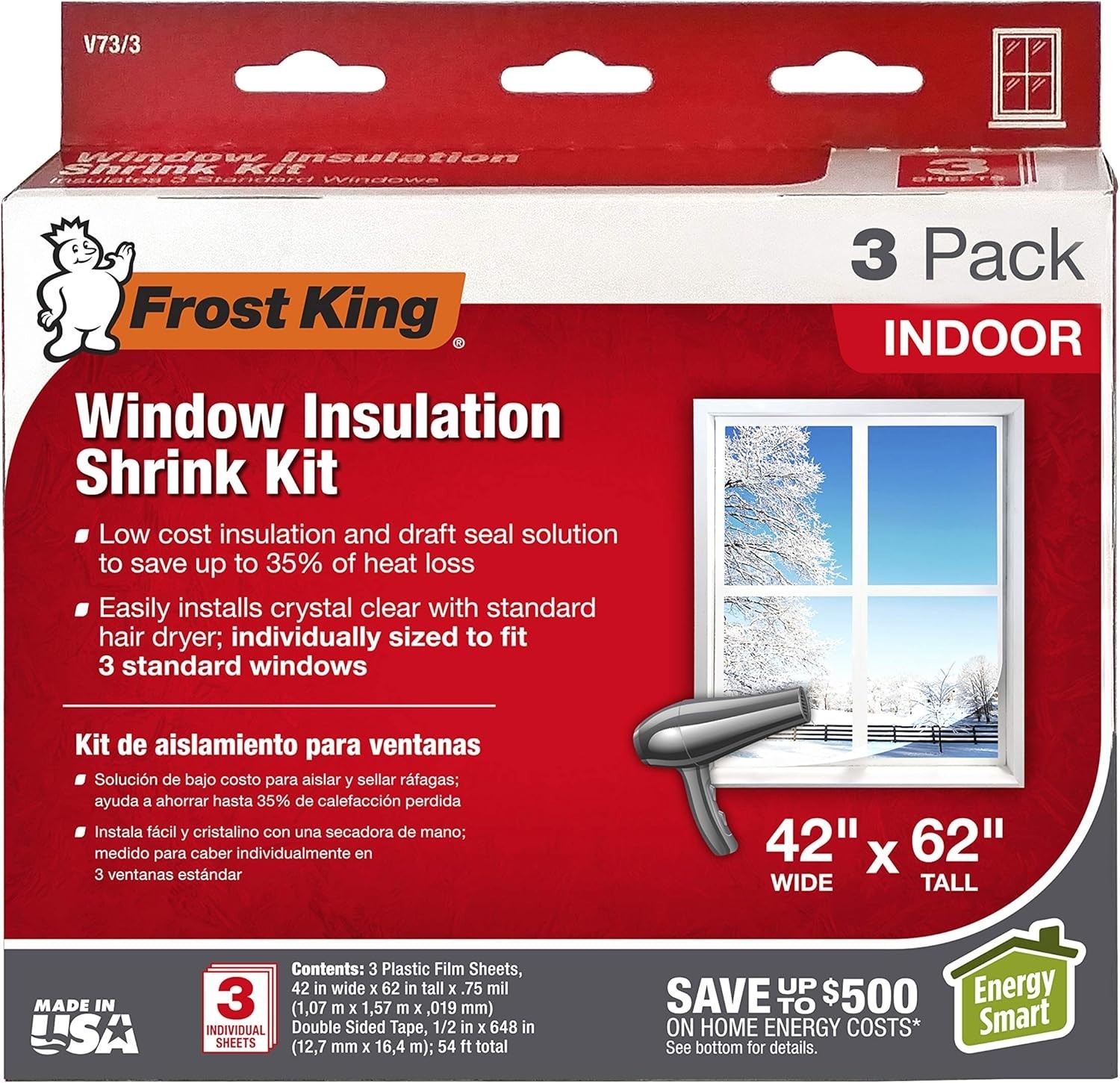V73/3H Shrink Window Insulation Kit, Indoor, 42 x 62 in, 3 pack