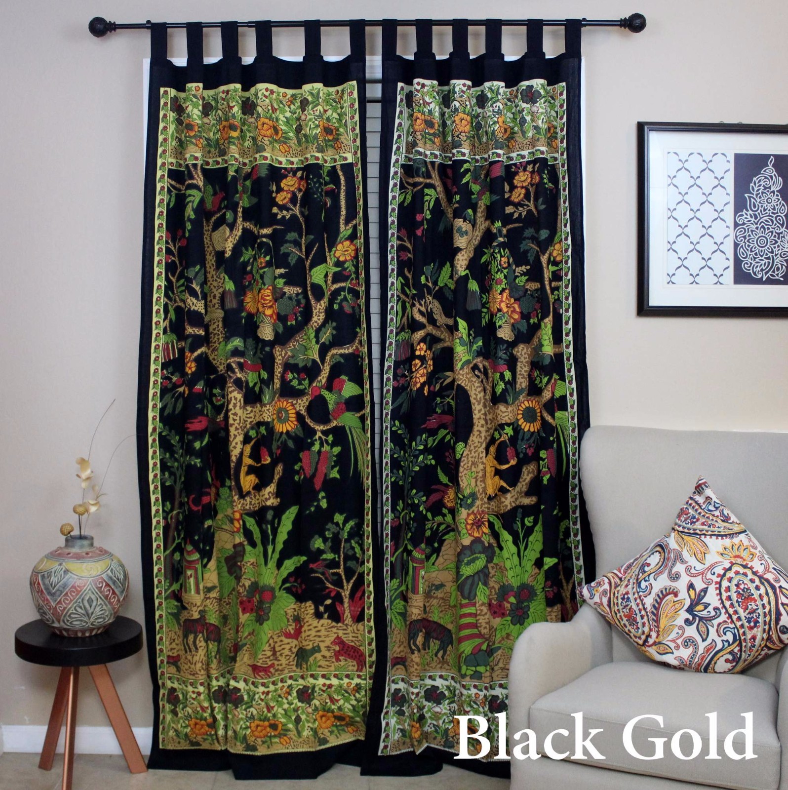 Handmade Tree of Life Tab Top 100% Cotton Curtain Drape Panel 44×88 Black Gold