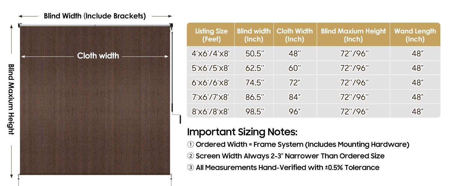 60″ W x 96″ L Roll Up Blinds – Patio Shades with Windproof Bungee tie, 90% UV