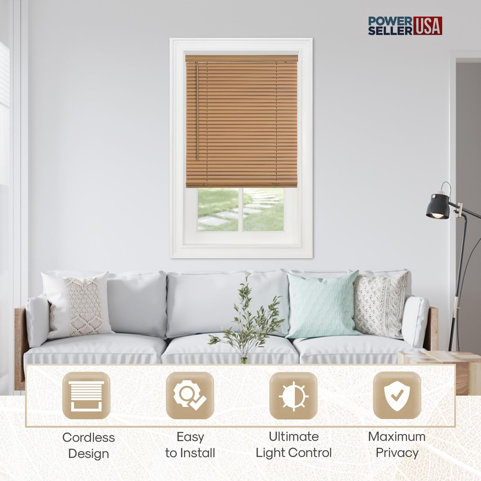 PowerSellerUSA 1″ Slats Cordless Window Blinds, 64L x 35″W x 64″H, Woodtone