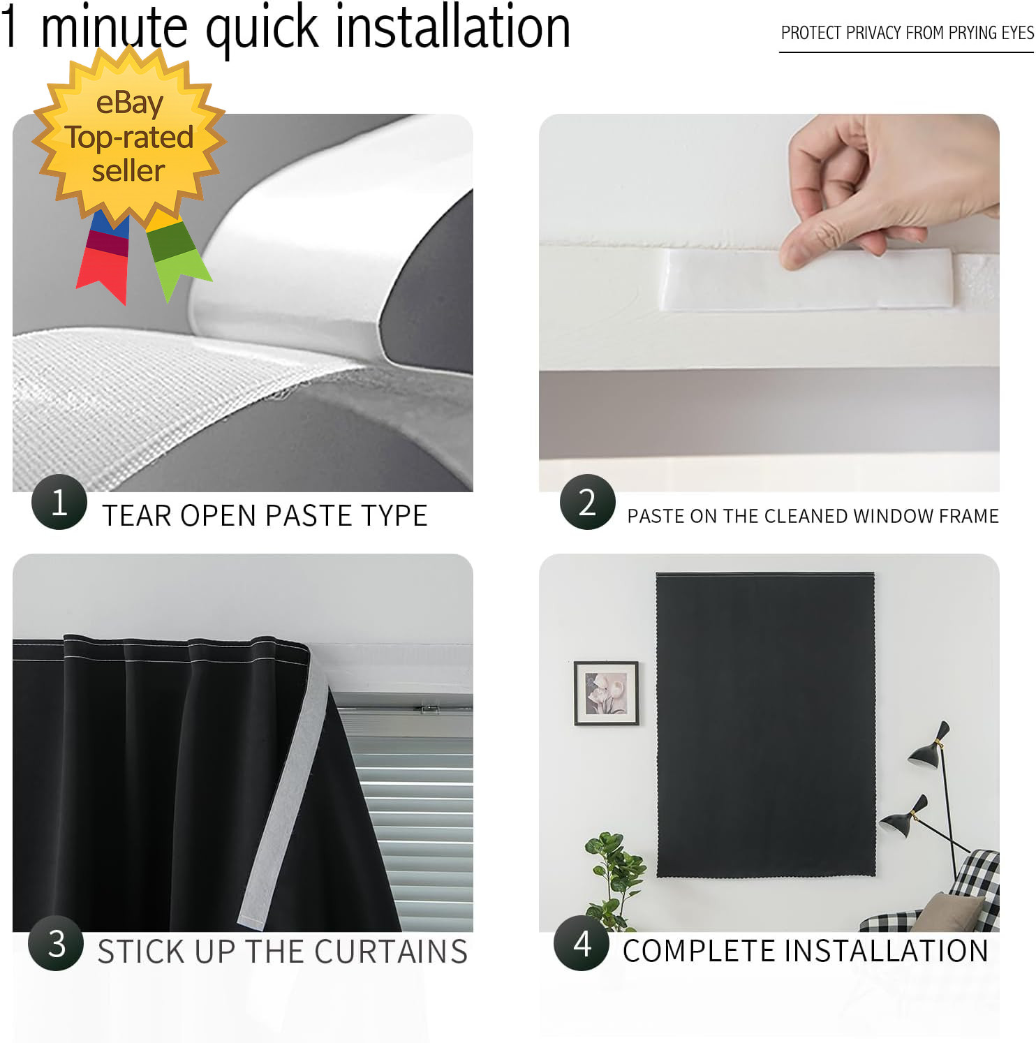Adhesive Blackout Curtains Self Stick Shades Window 35W X 59L Black 1 Panel….