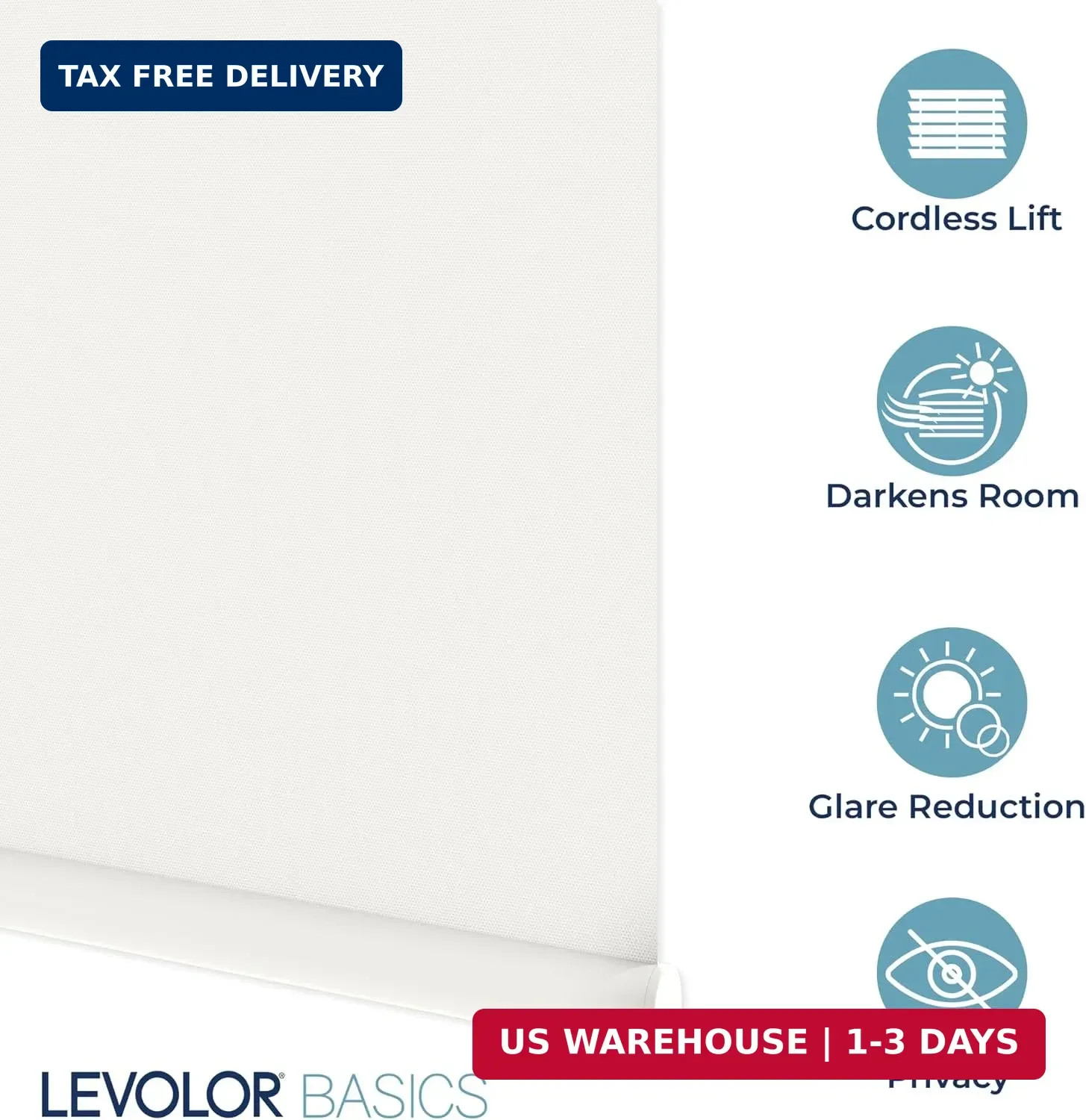 LEVOLOR Basics Cordless Blackout Fabric Roller Shades, White, 33″ W x 72″ H | Ro