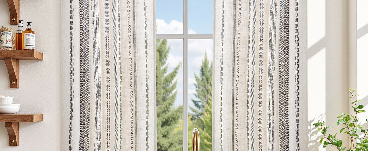Boho Kitchen Curtains 36 Inch Linen Tier Curtains with Geometric Pattern