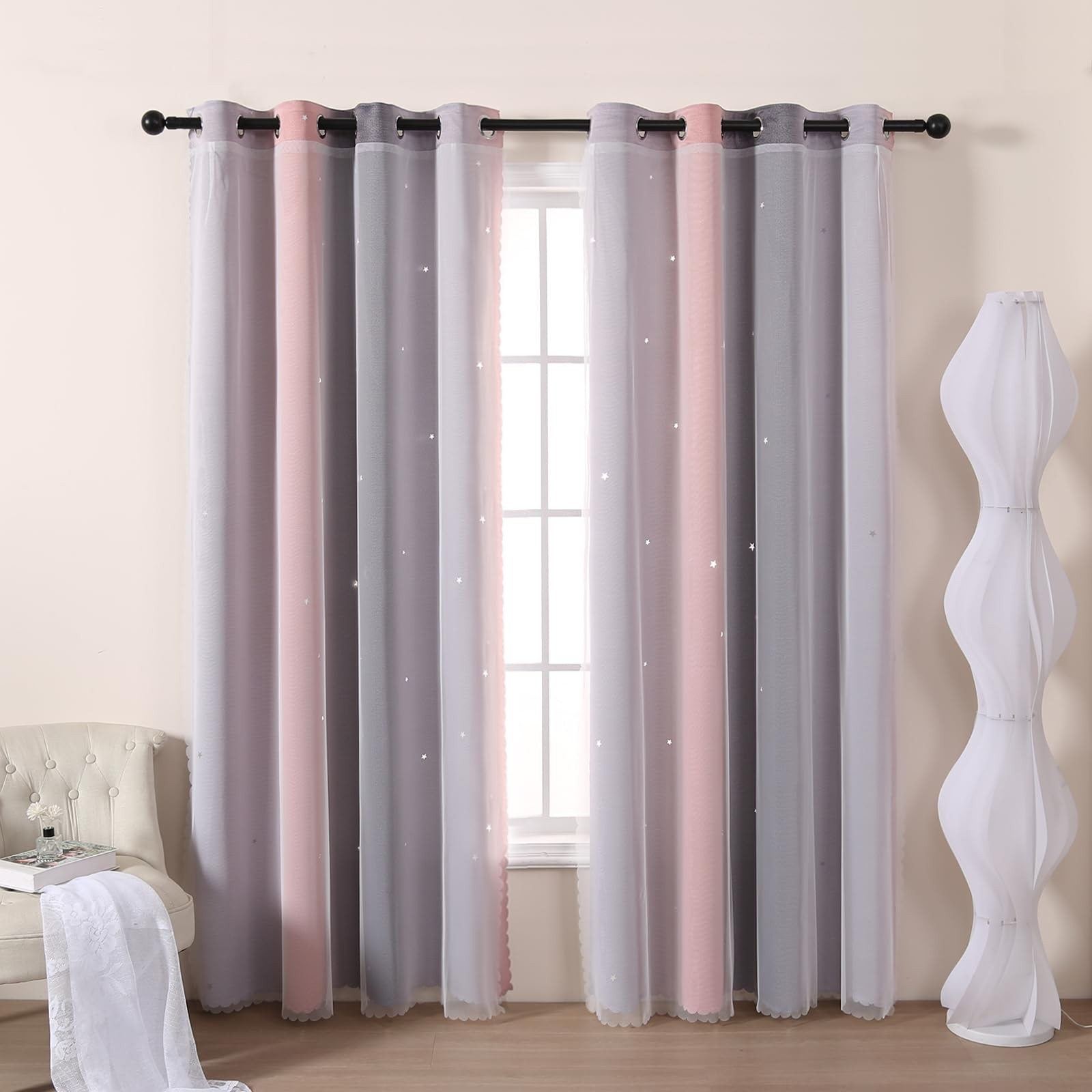 Pink and Grey Curtains Nursery Curtains for Bedroom Star Blackout Window Curt…